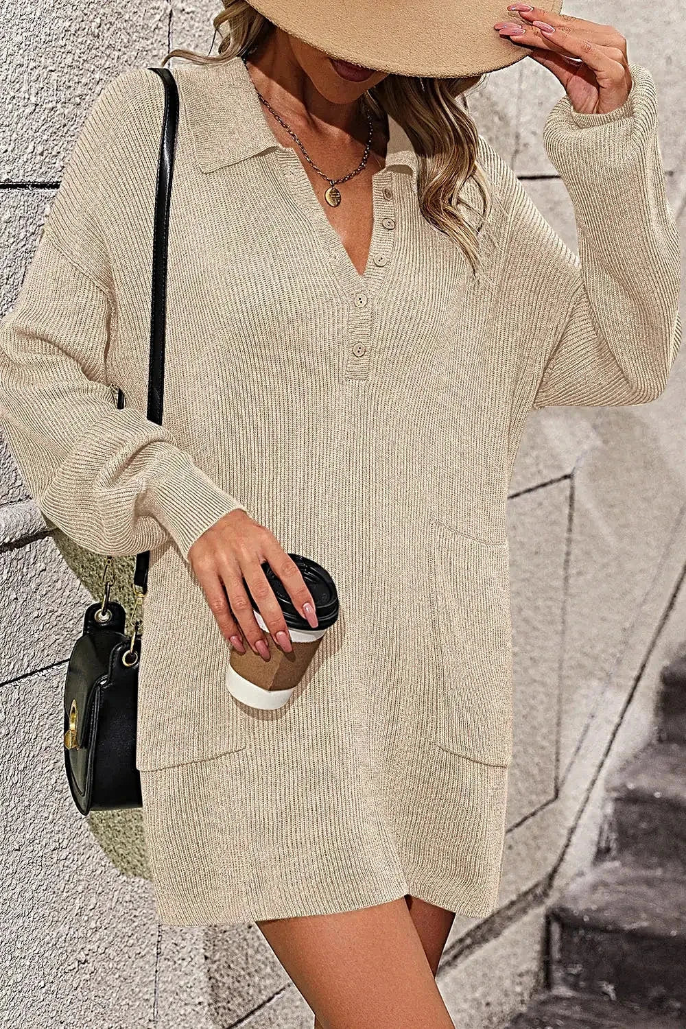 Collared Neck Long Sleeve Sweater Dress with Pockets -