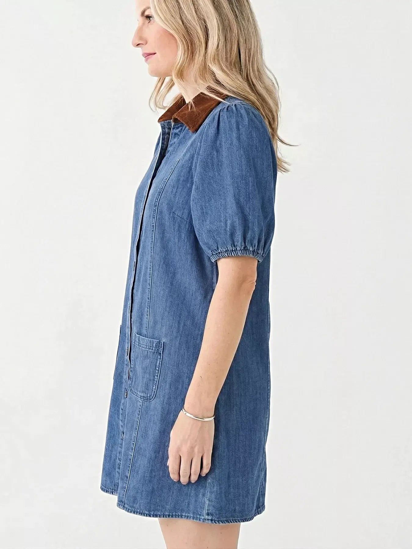 Button-Down Short Sleeve Denim Dress -