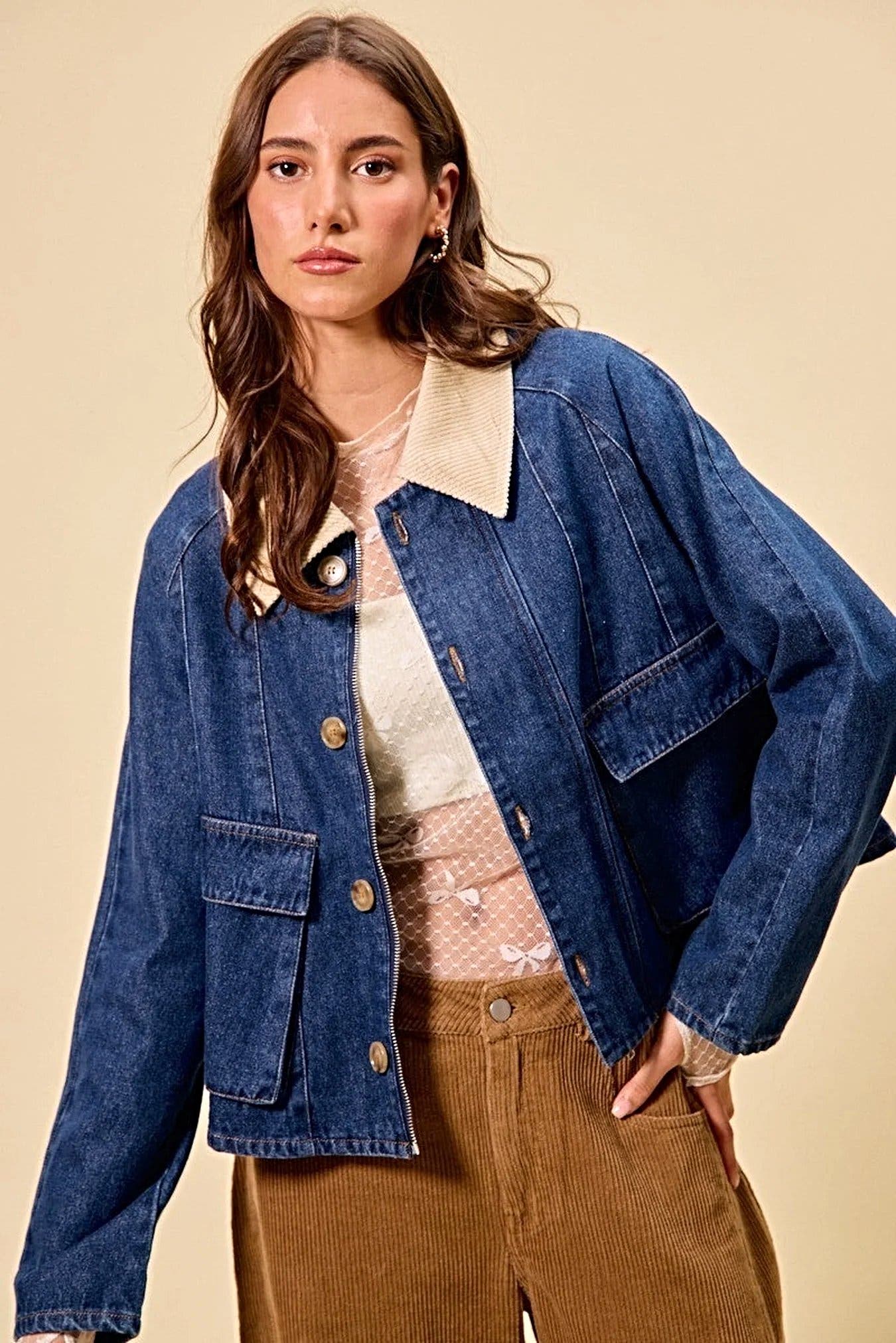 SO ME Zip Up And Buttoned Denim Jacket -