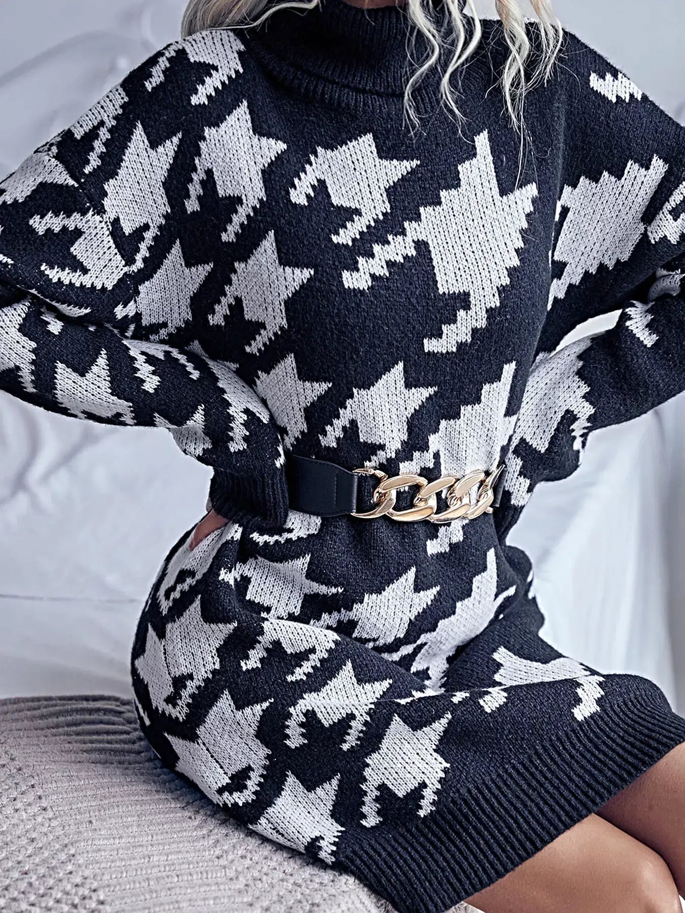 Houndstooth Pattern Turtleneck Sweater Dress -