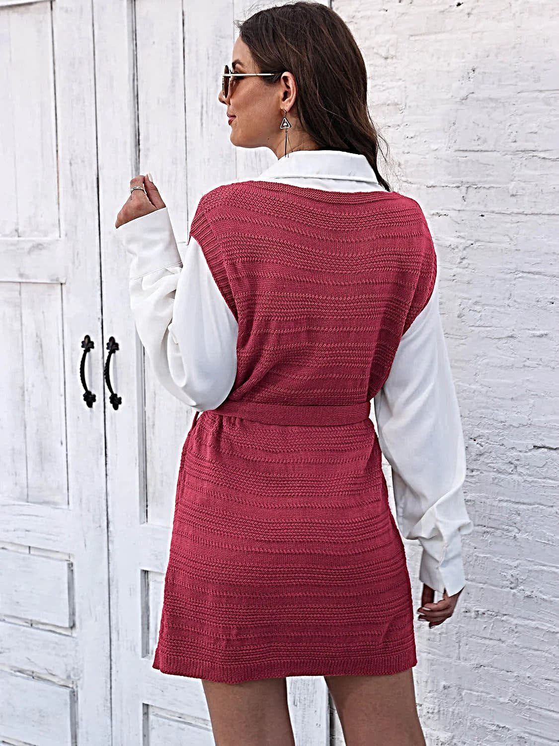 Luxury Tie Front Sweater Dress With V-Neck, Sleeveless Design, And Elegant Slit -