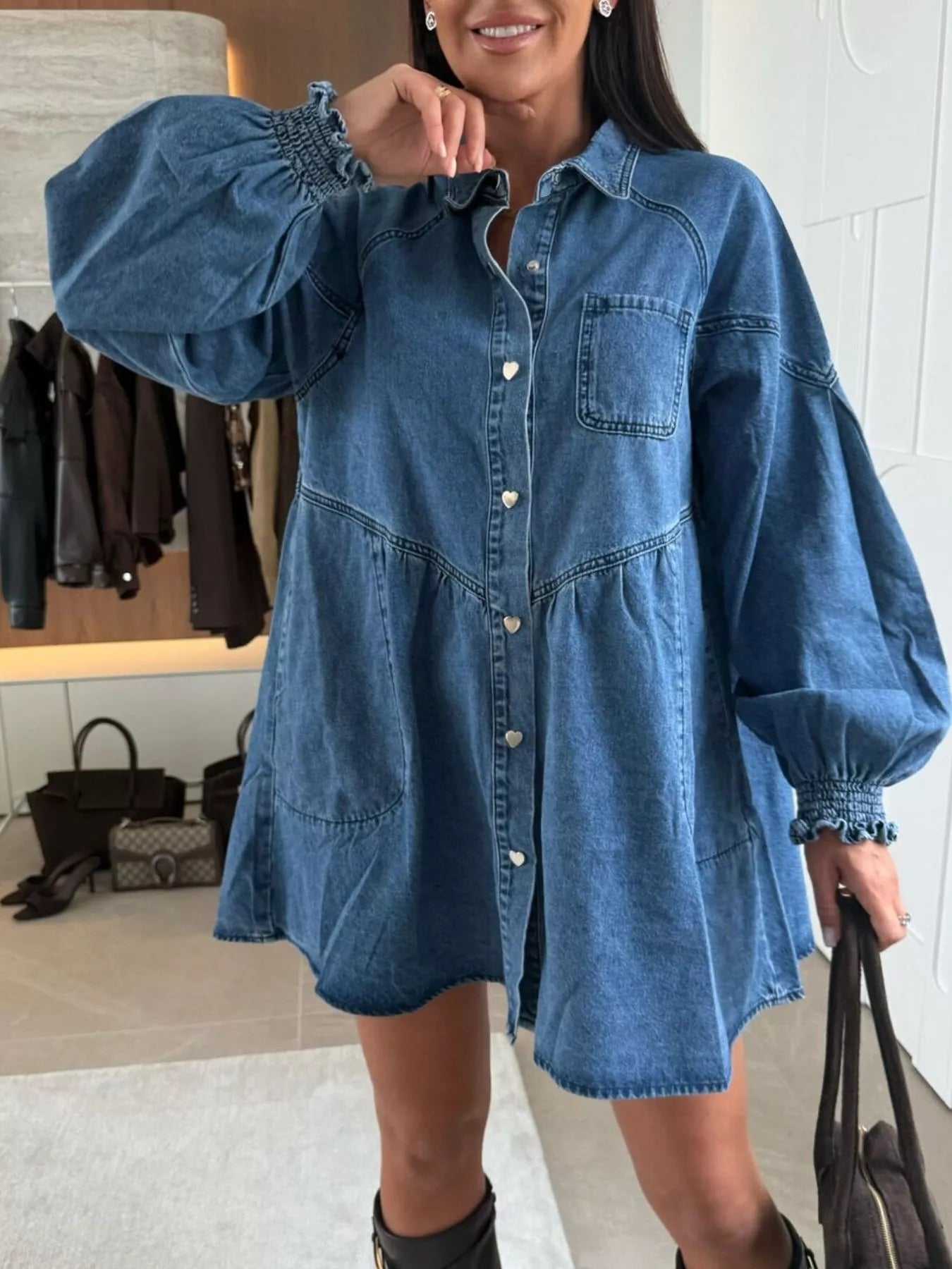 Button Down Mini Denim Dress with Front Pockets -