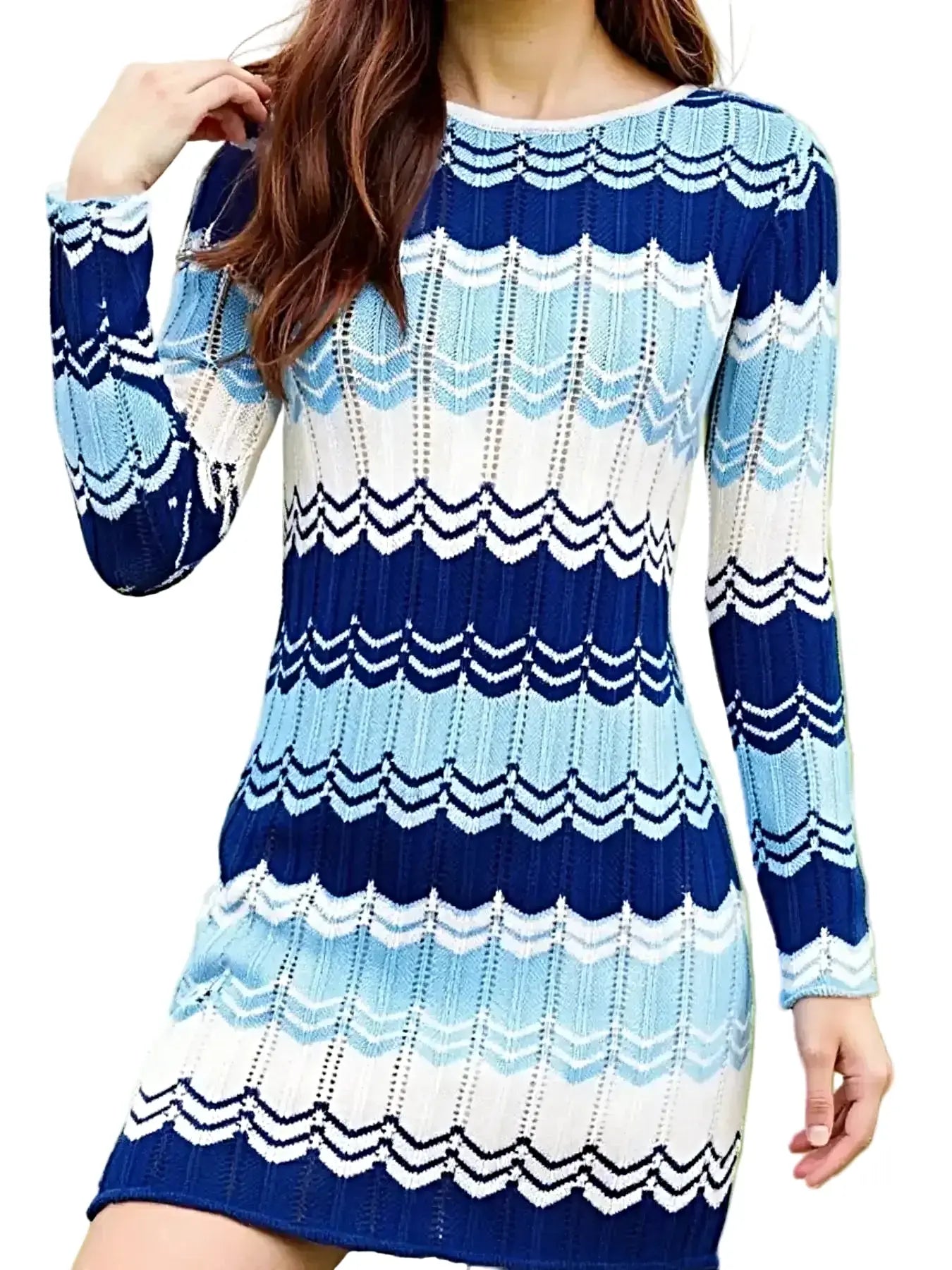 Openwork Wave Pattern Long Sleeve Sweater Dress -