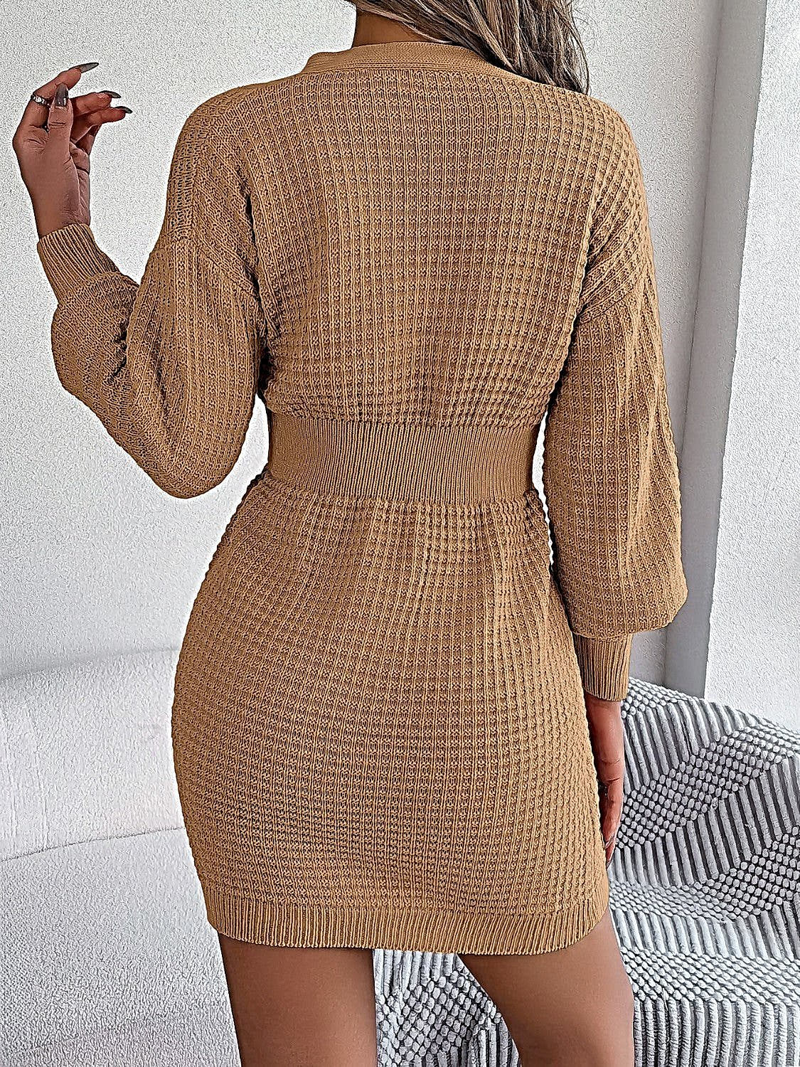 Elegant Buttoned Cable-Knit Dress with V-Neck, Moderate Stretch - 100% Acrylic -