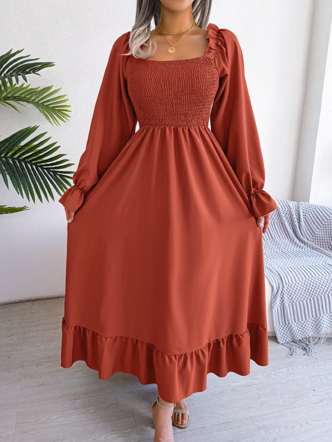 Smocked Square Neck Flounce Sleeve Dress -