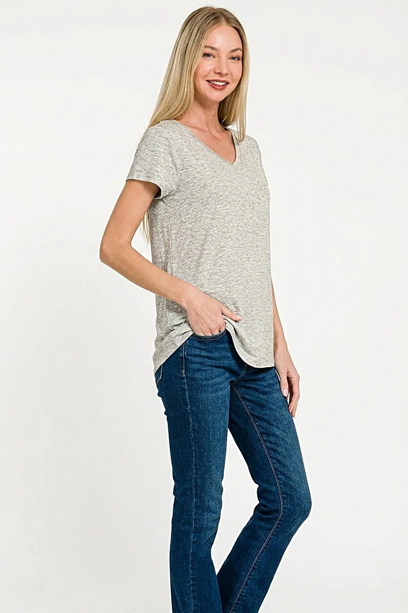 Zenana Rayon Short Sleeve V-neck Round Hem Top -