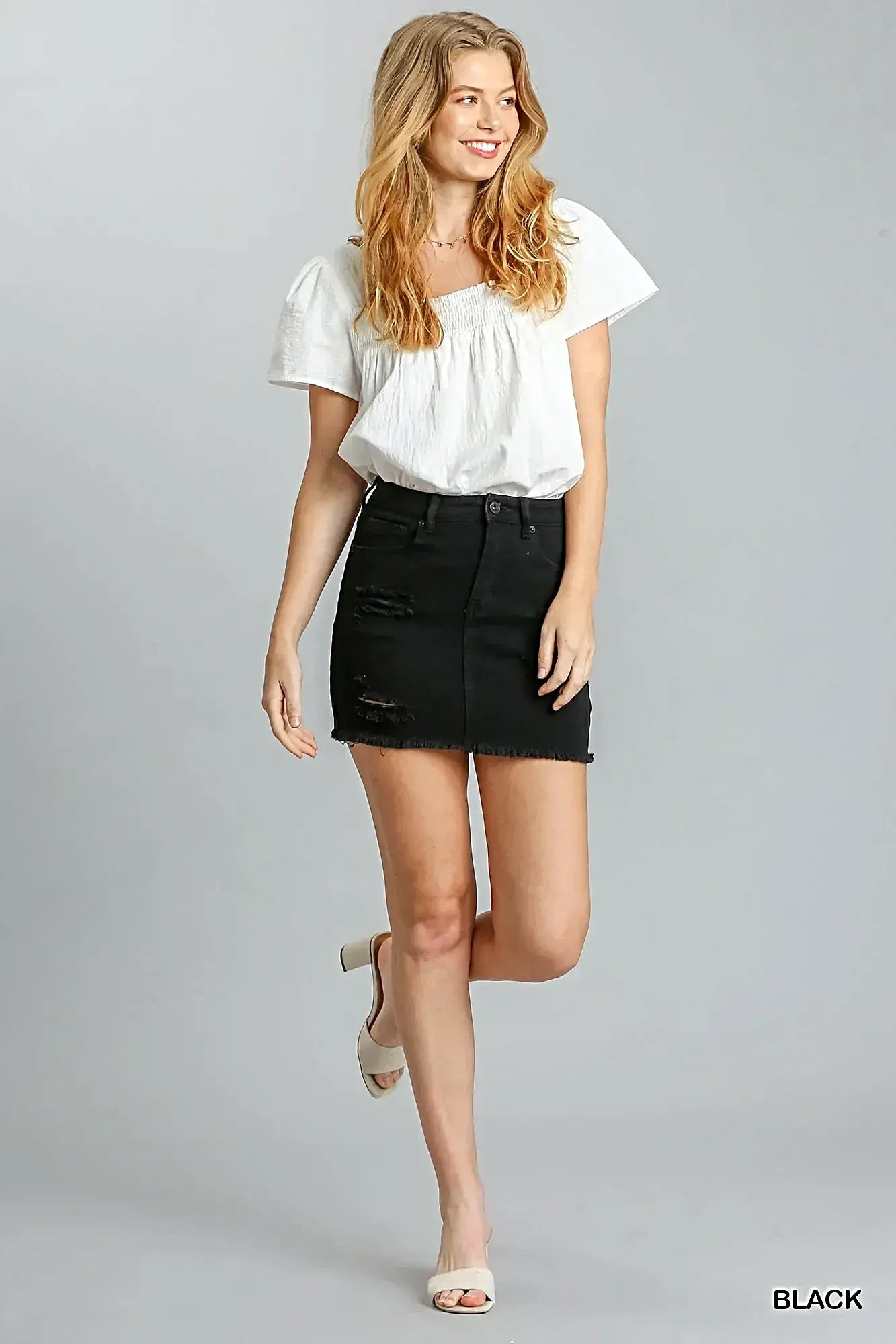Umgee Distressed Raw Hem High Waist Denim Skirt -