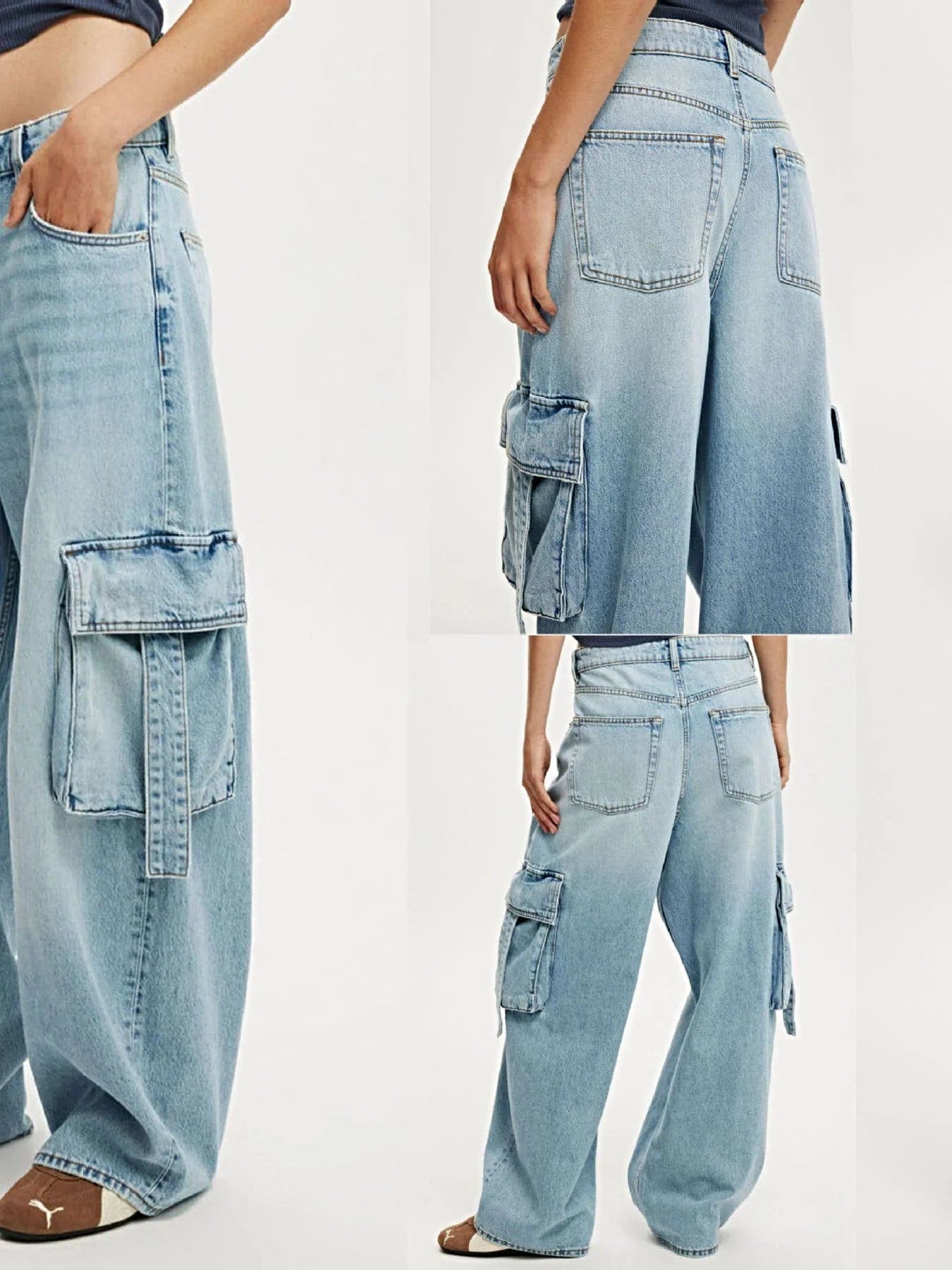 Vintage Wash Wide Leg Cargo Jeans -