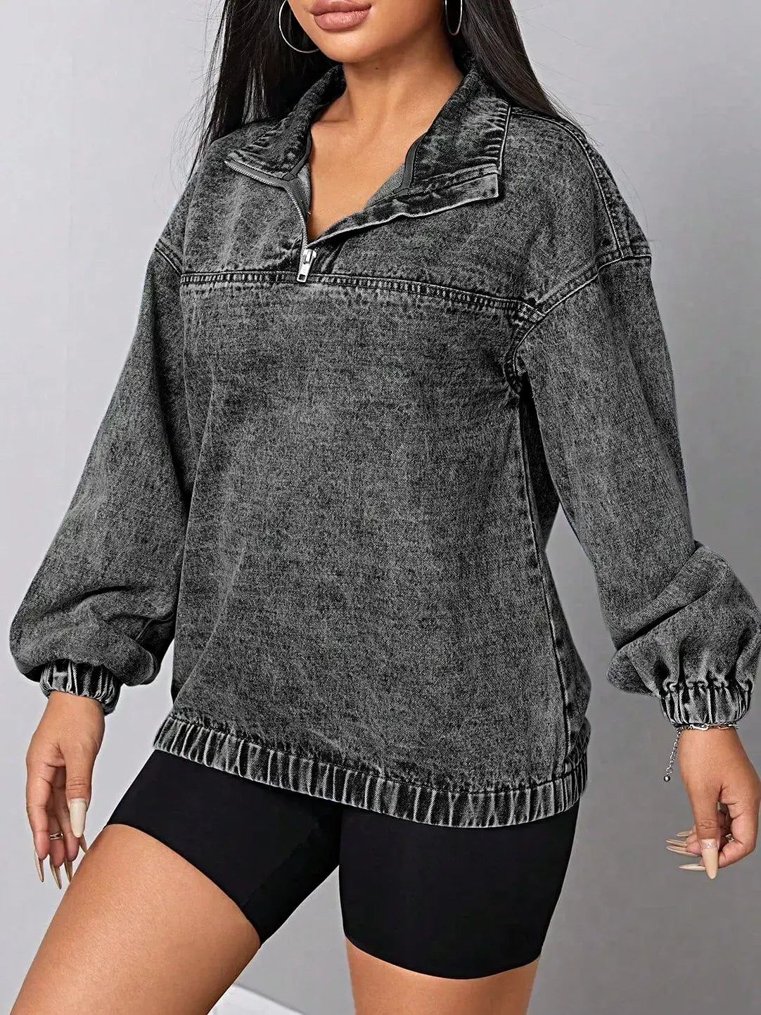 Elastic Hem Quarter Zip Denim Top -