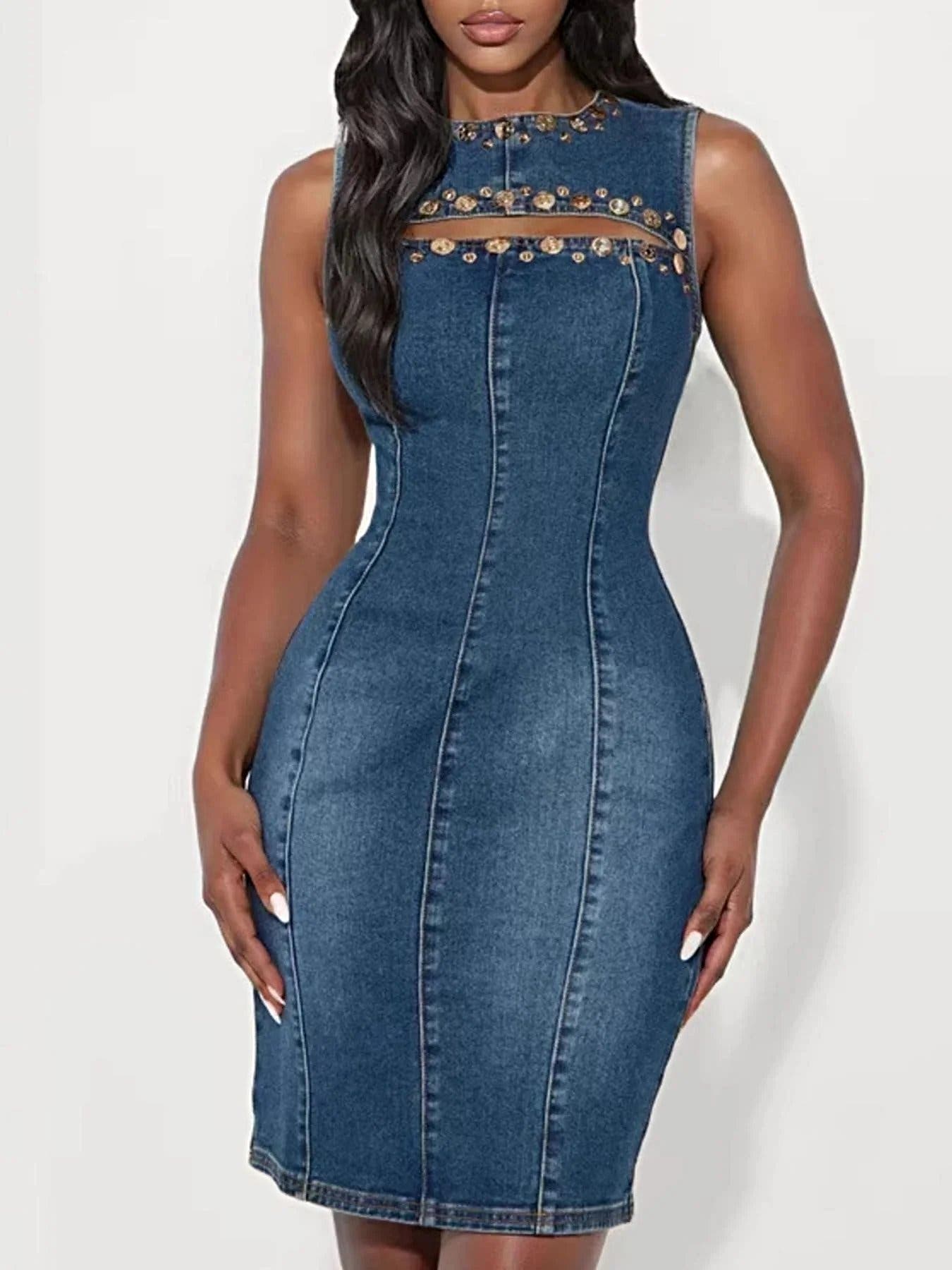 Embellished Cutout Sleeveless Denim Dress -