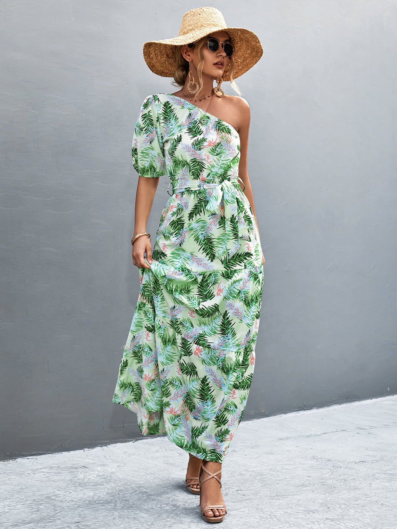 Printed Tie Waist One Shoulder Maxi Dress -