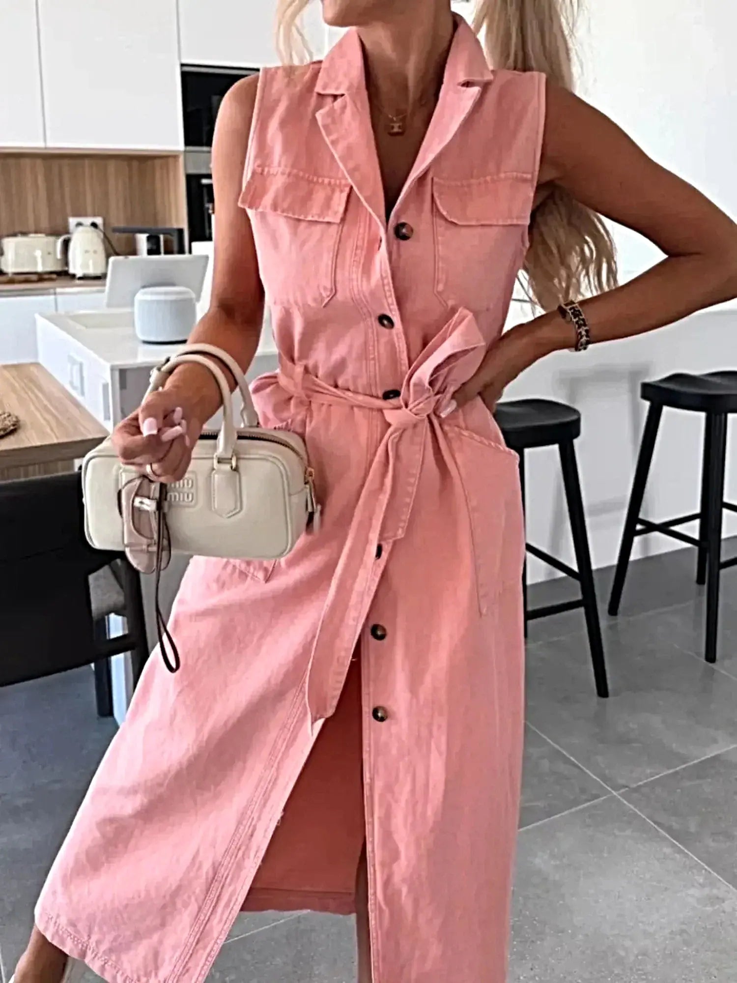 Button Front Sleeveless Denim Dress -