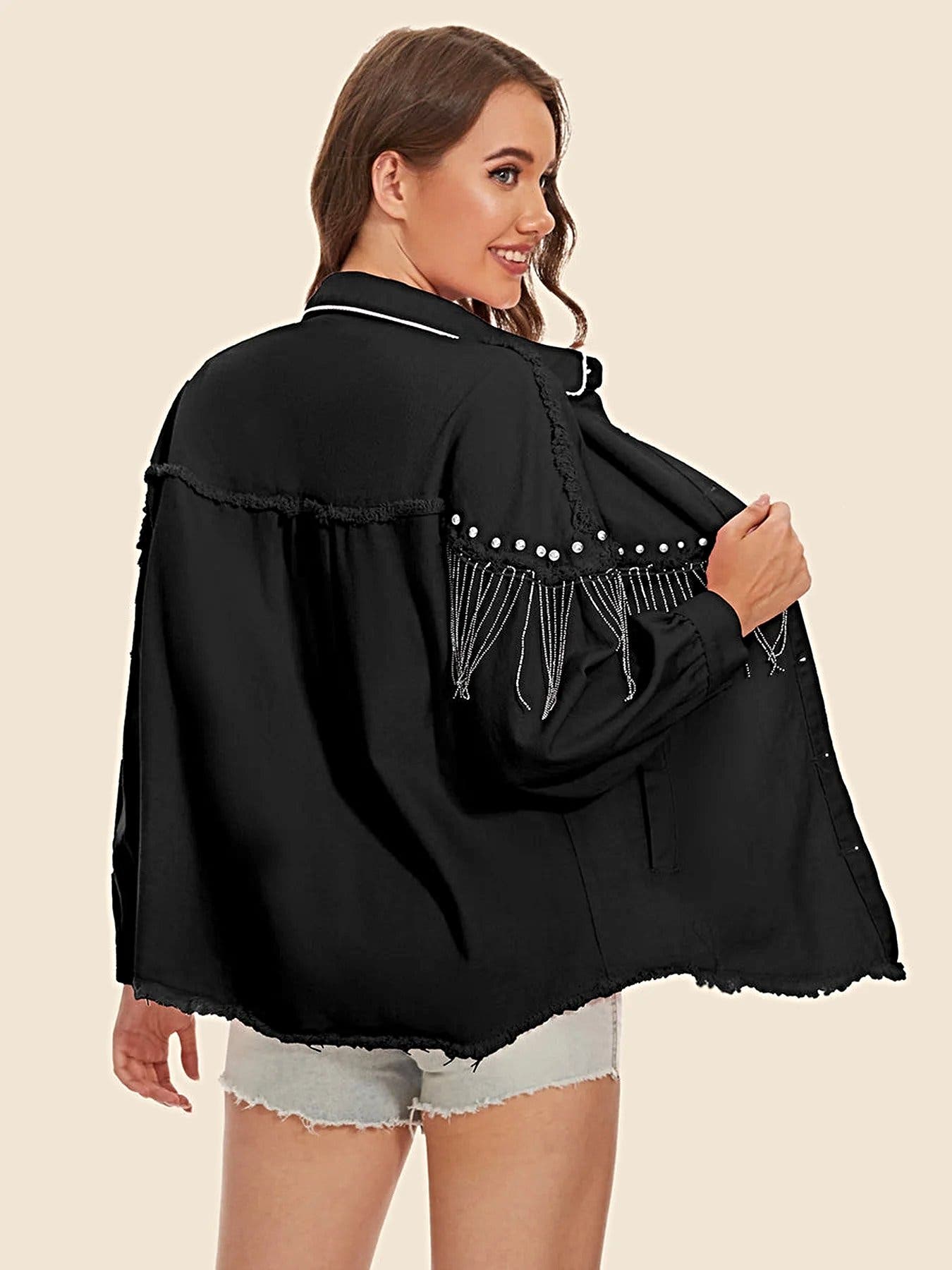 Raw Hem Fringe Detail Denim Jacket -