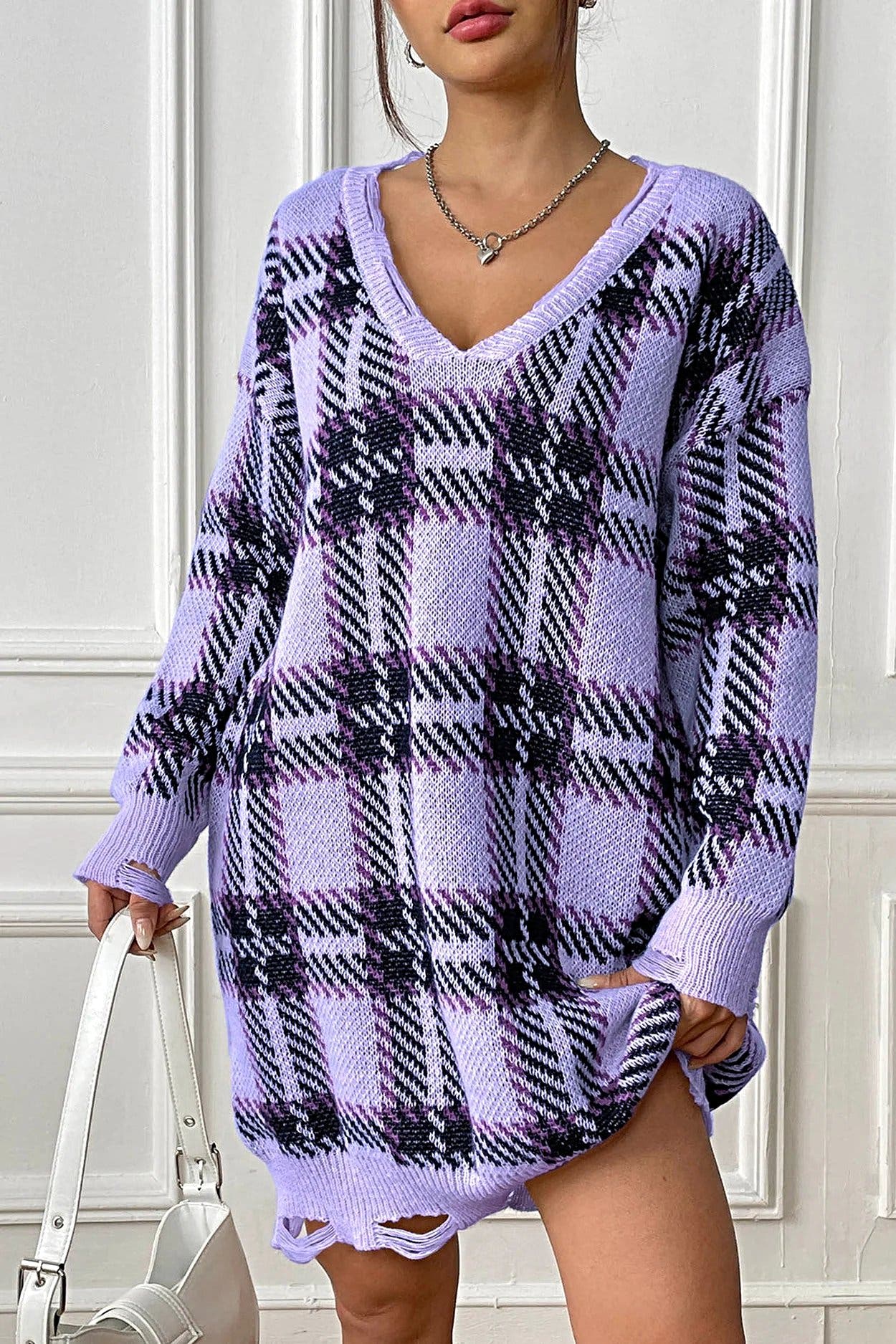 Plaid V-Neck Long Sleeve Sweater Dress -