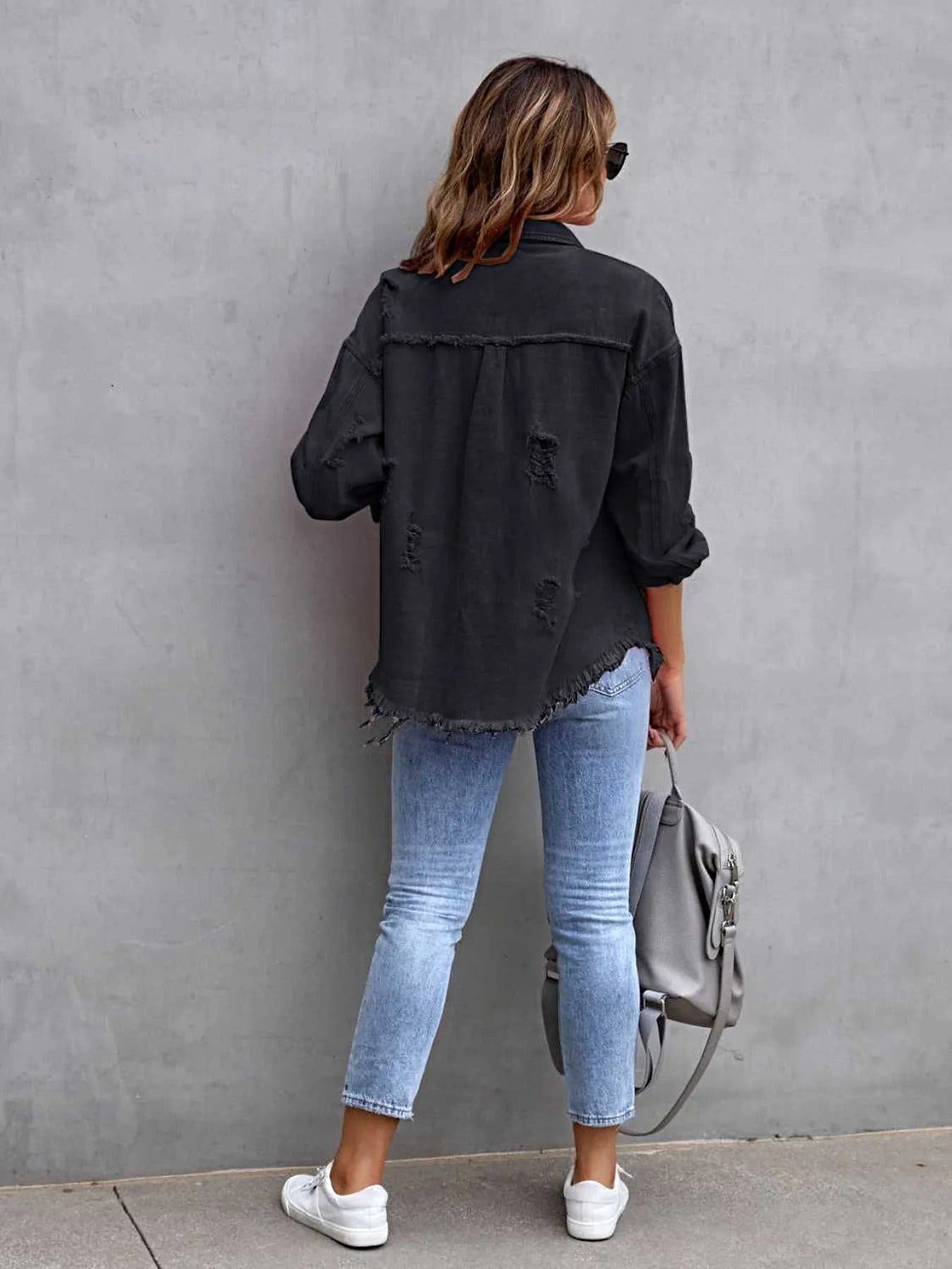 Distressed Drop Shoulder Denim Jacket -