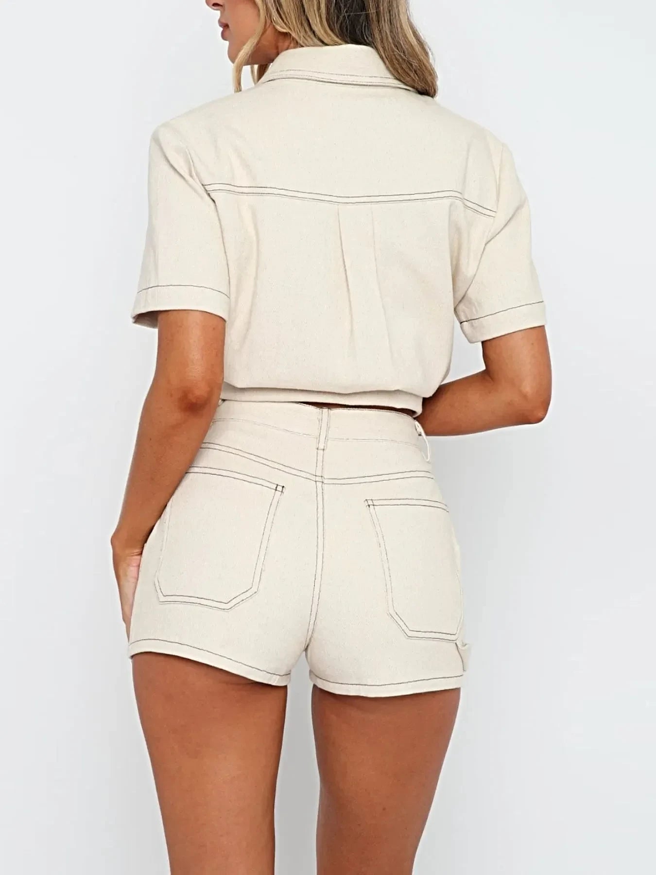 Button Up Short Sleeve Top and Shorts Denim Set -