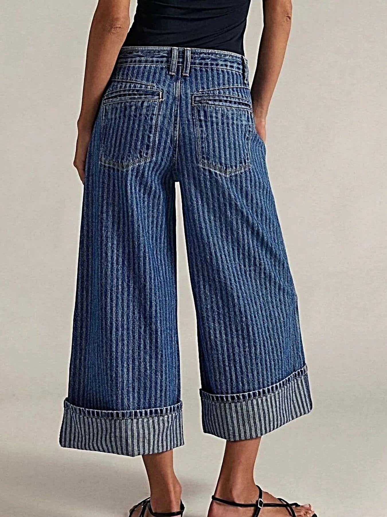 Luxury Wide Leg Cropped Jeans with Pocketed Design, 85% Cotton Blend, Machine Washable -