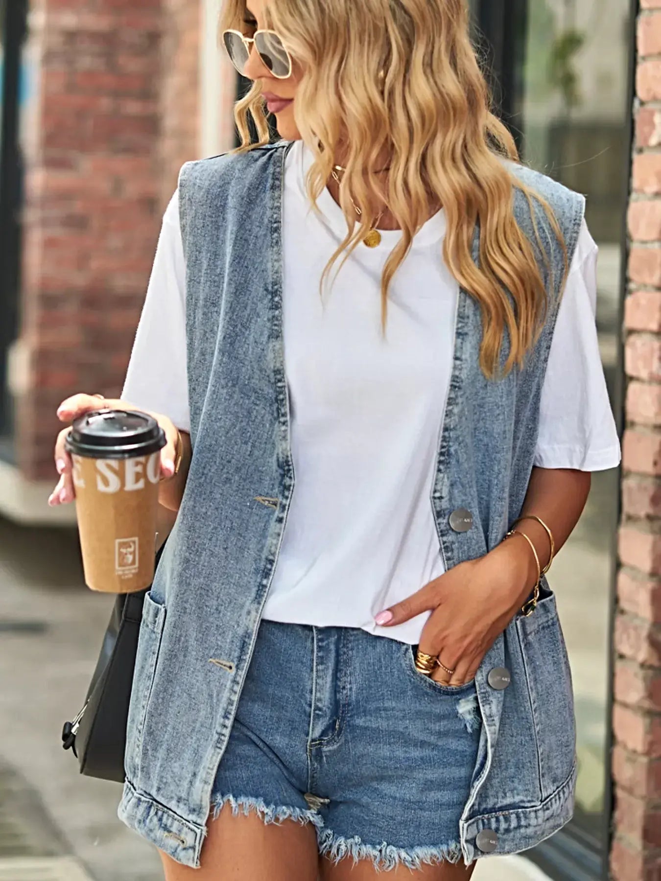 Sleeveless Button-Down Denim Jacket Vest -
