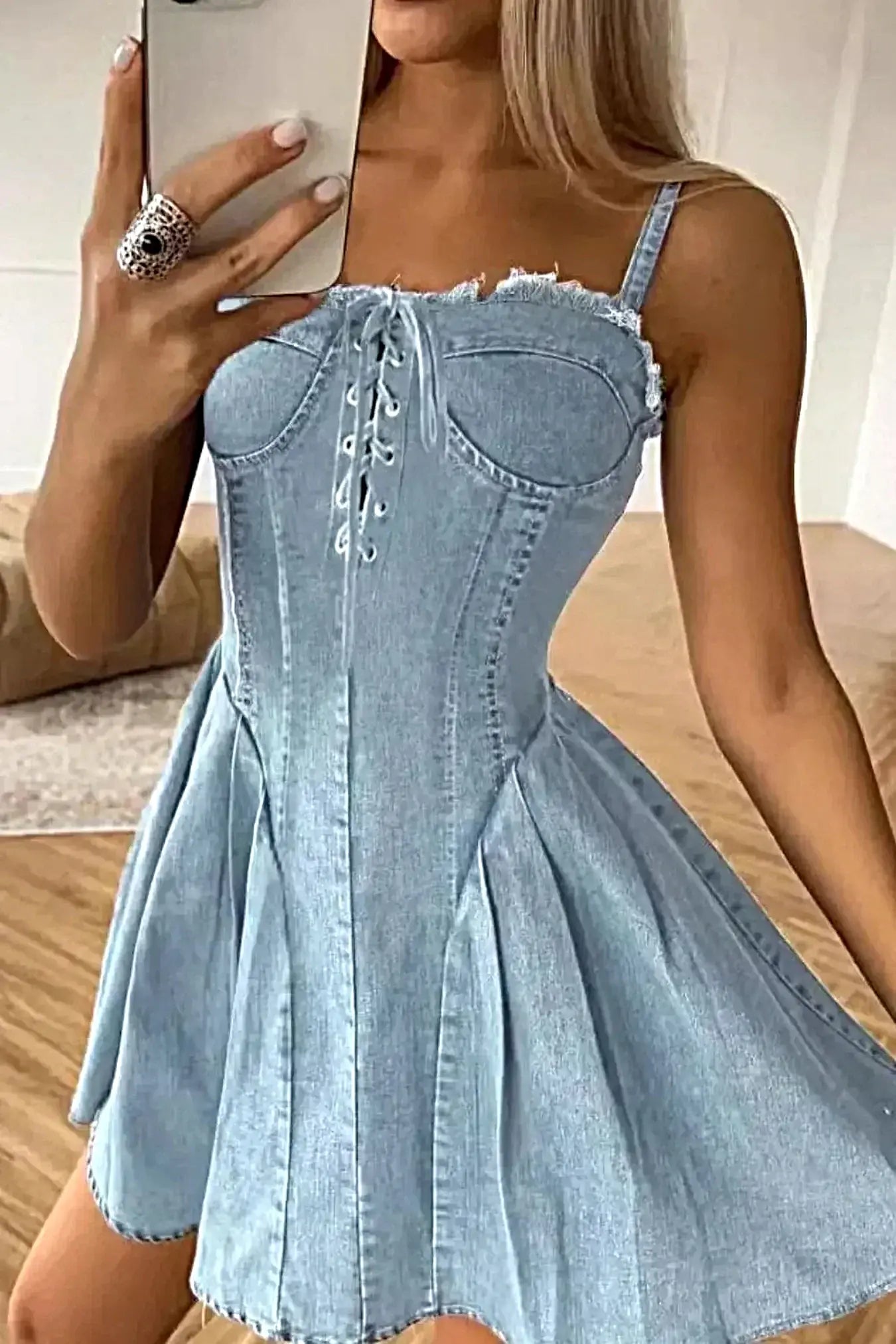 Lace Up Denim Cami Dress -