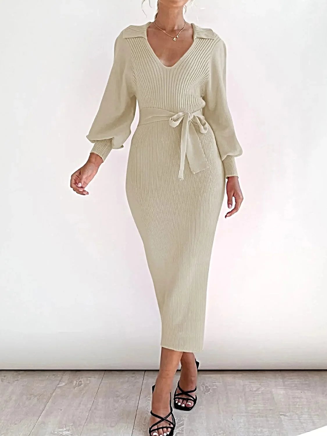 Perfee Tied Long Sleeve Wrap Sweater Dress -