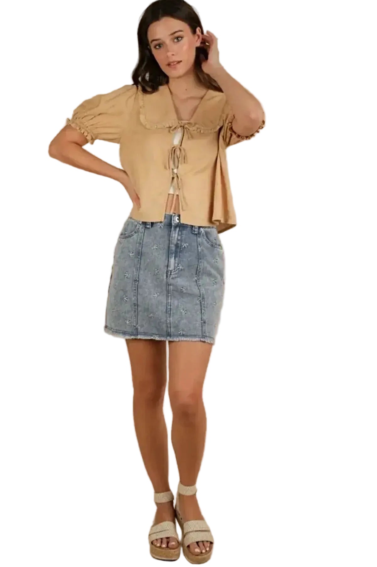 VERY J Bow Printed Casual Denim Mini Skirt -