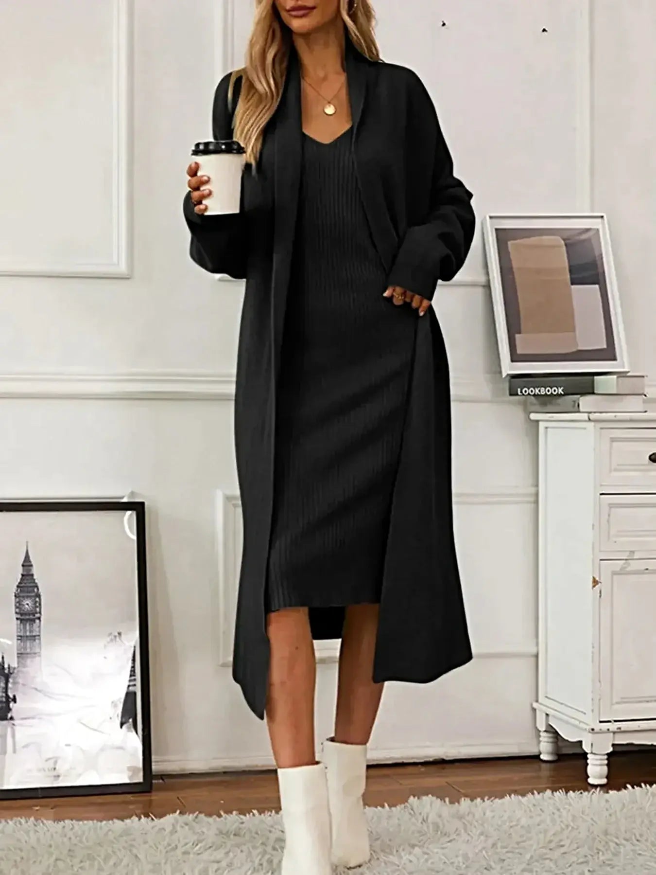 V-Neck Cami Dress and Open Front Cardigan Sweater Set -