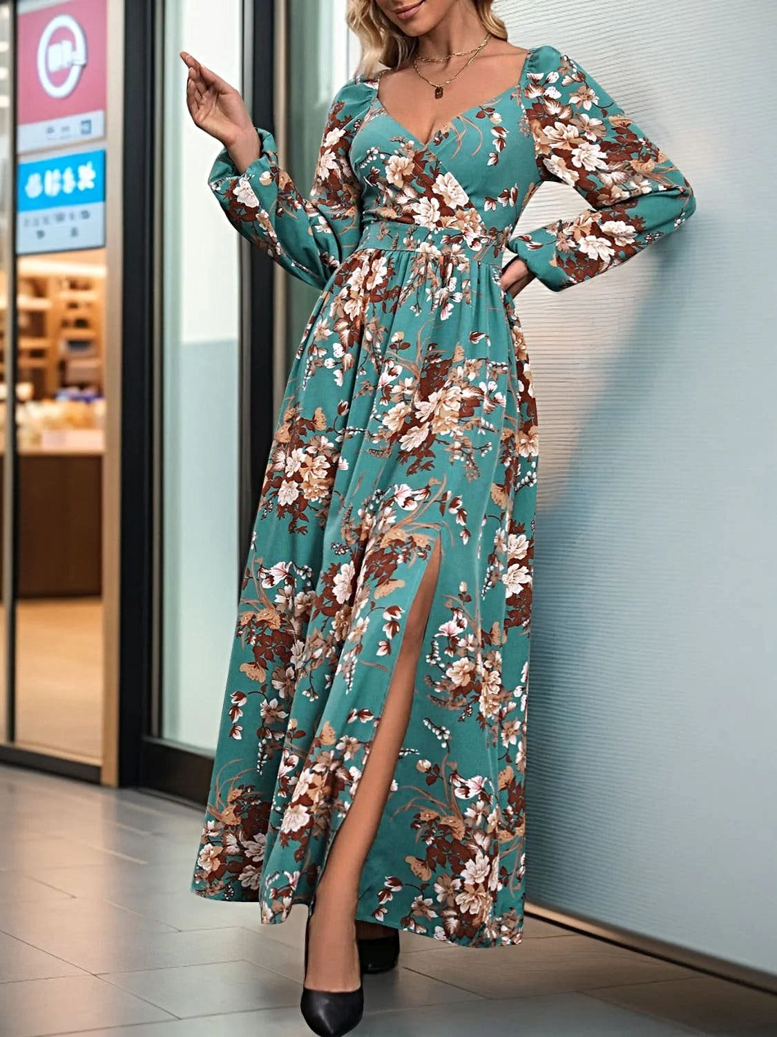 Perfee Elegant 100% Polyester Maxi Dress With Slit - Long Sleeve Surplice Design Trendsi