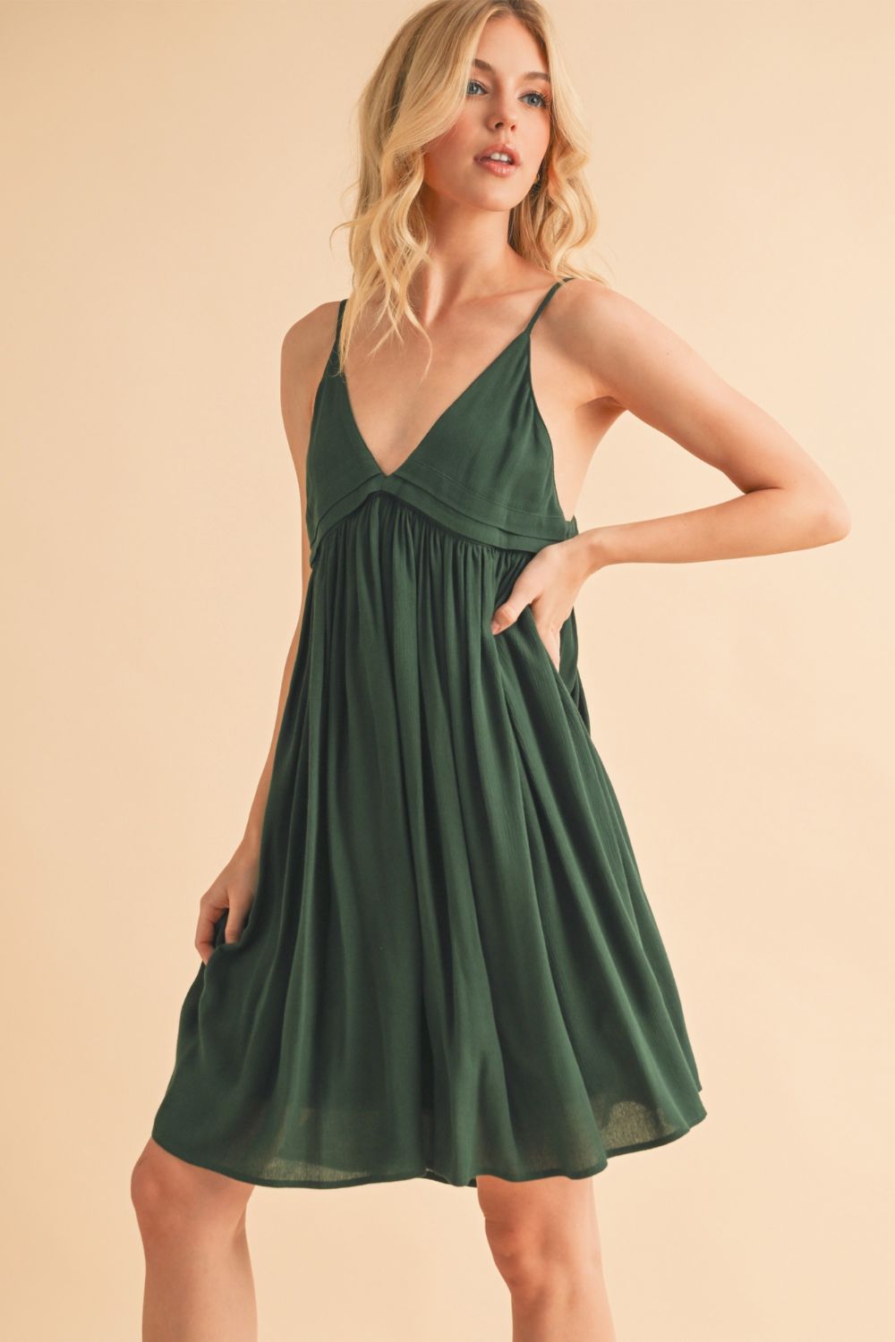 Aemi + Co Ruched Plunge Mini Cami Dress - Chic 100% Rayon Evening Wear with Alluring Neckline Trendsi