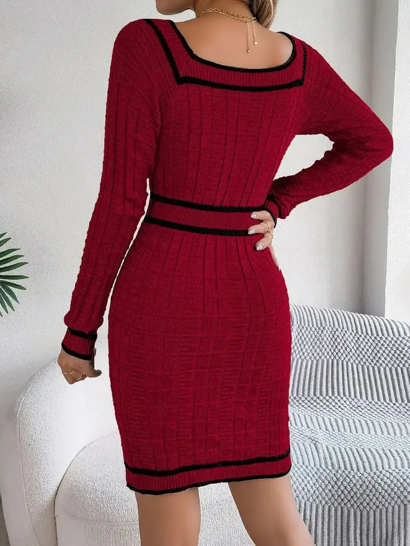 Contrast Trim Long Sleeve Sweater Dress -