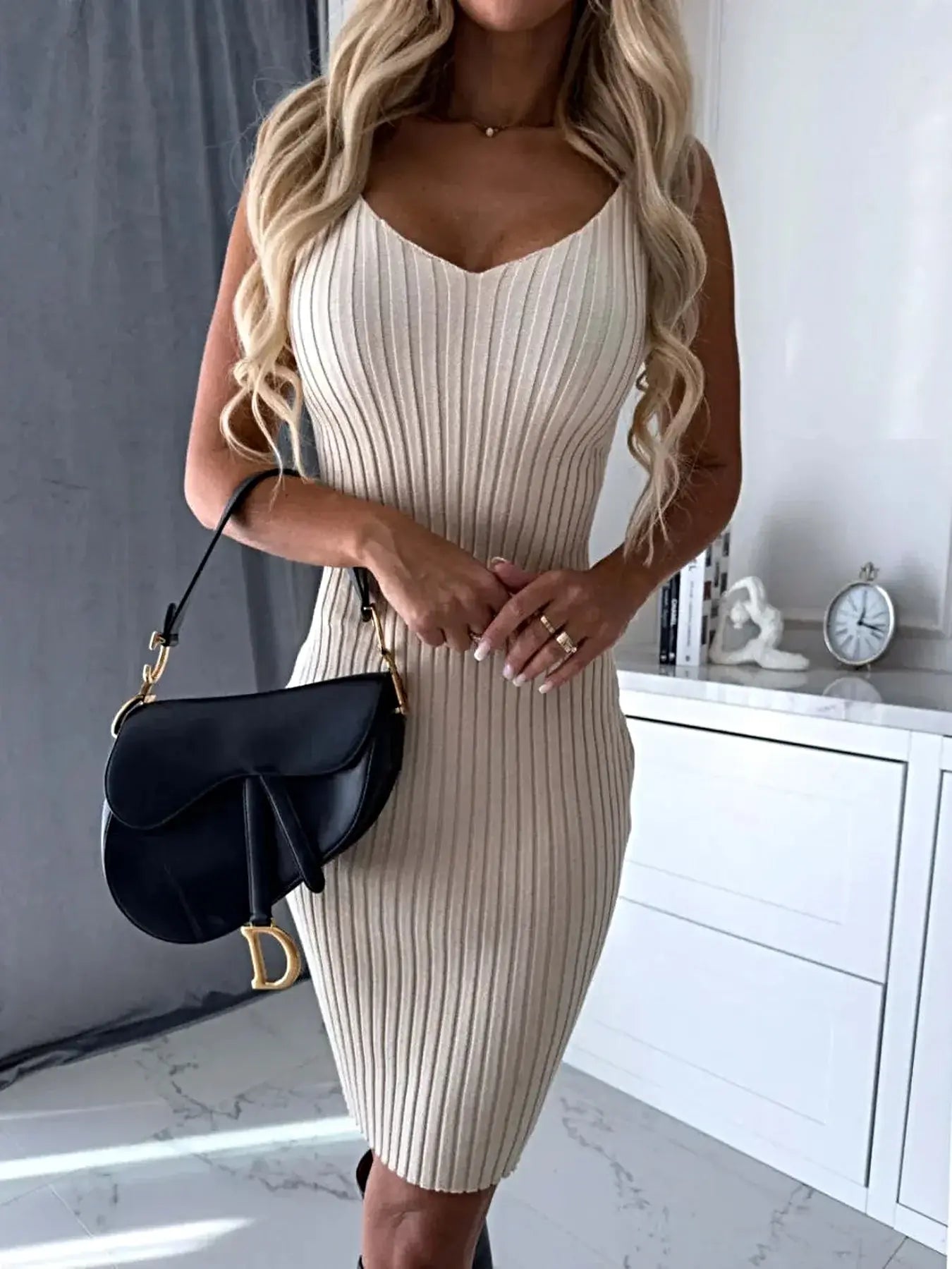 Ribbed Round Neck Top and Cami Dress Sweater Set -