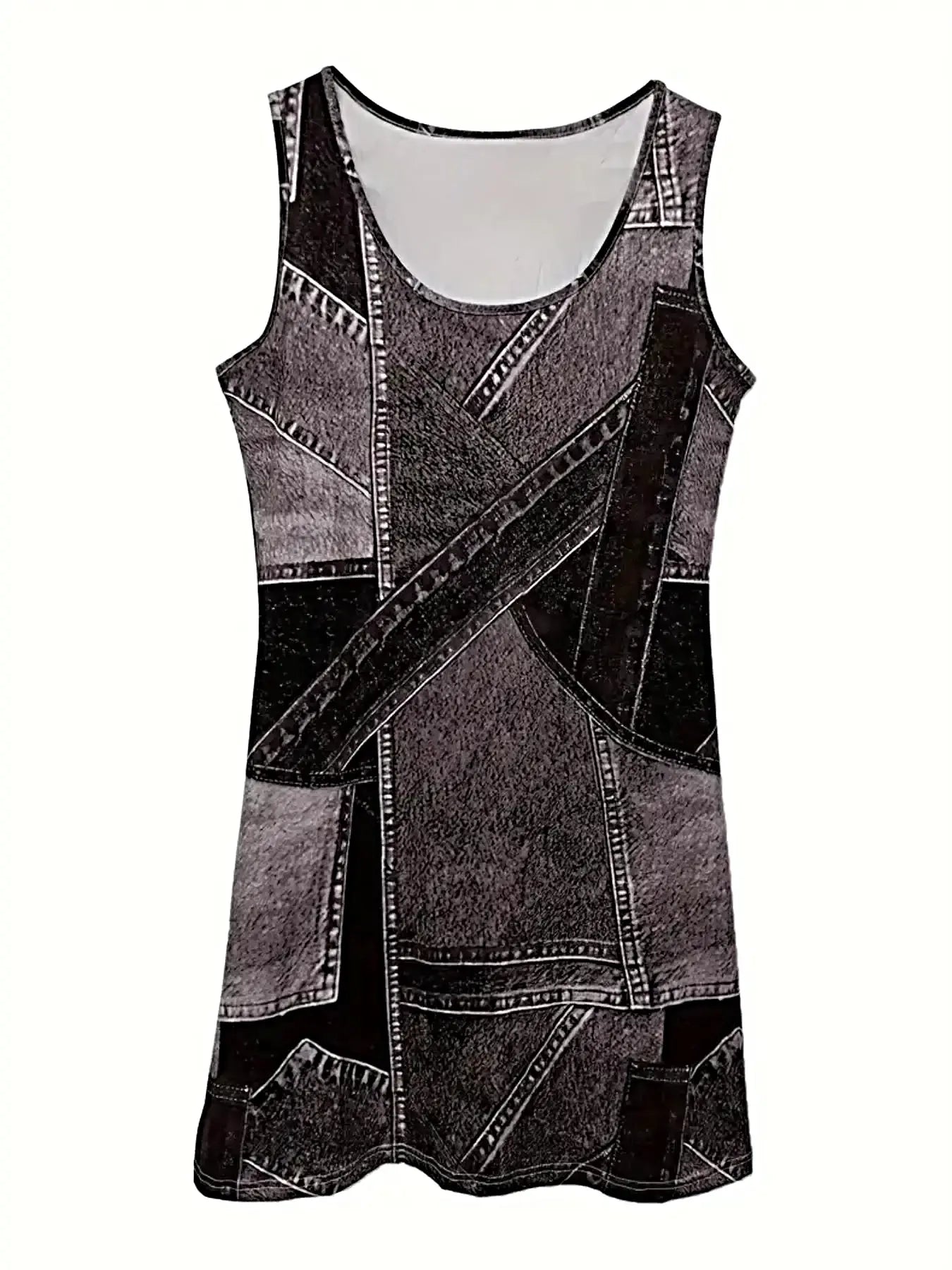 Patchwork Denim Dress - Scoop Neck Sleeveless Midi with Pockets - Versatile and Stylish -