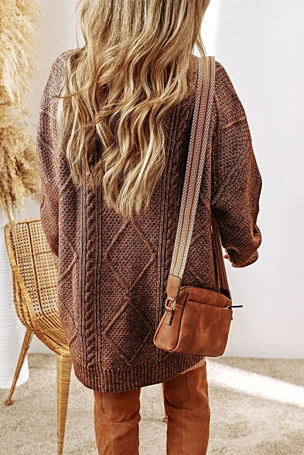 Cable-Knit Round Neck Sweater Dress -