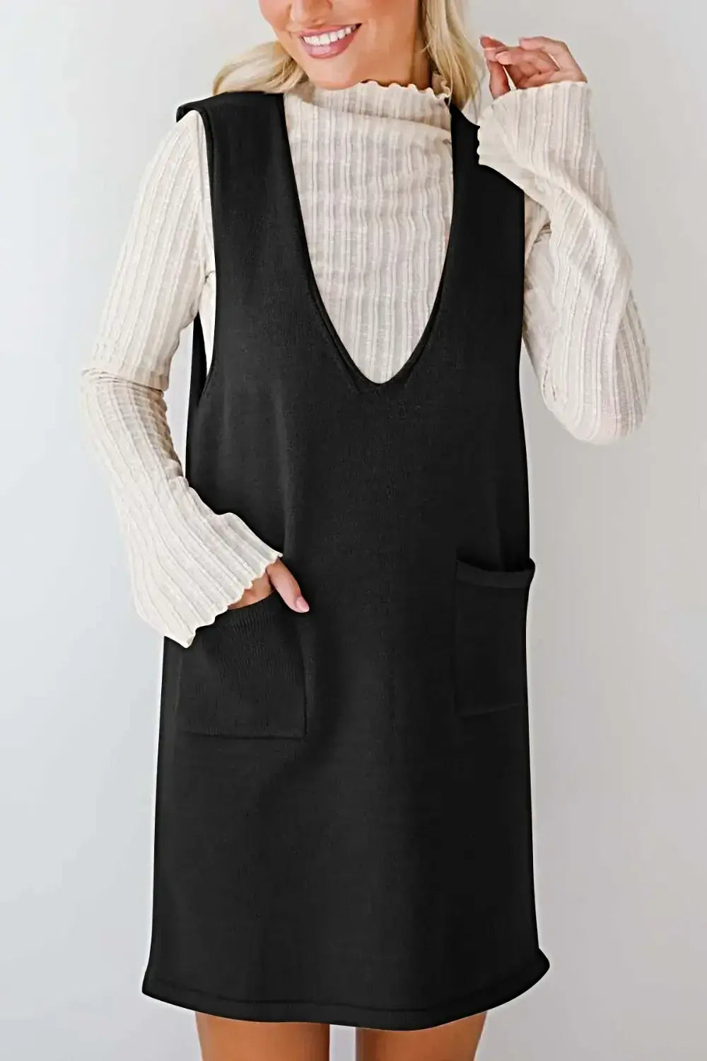 Lovelet Pocketed V-Neck Mini Sweater Overall Dress -
