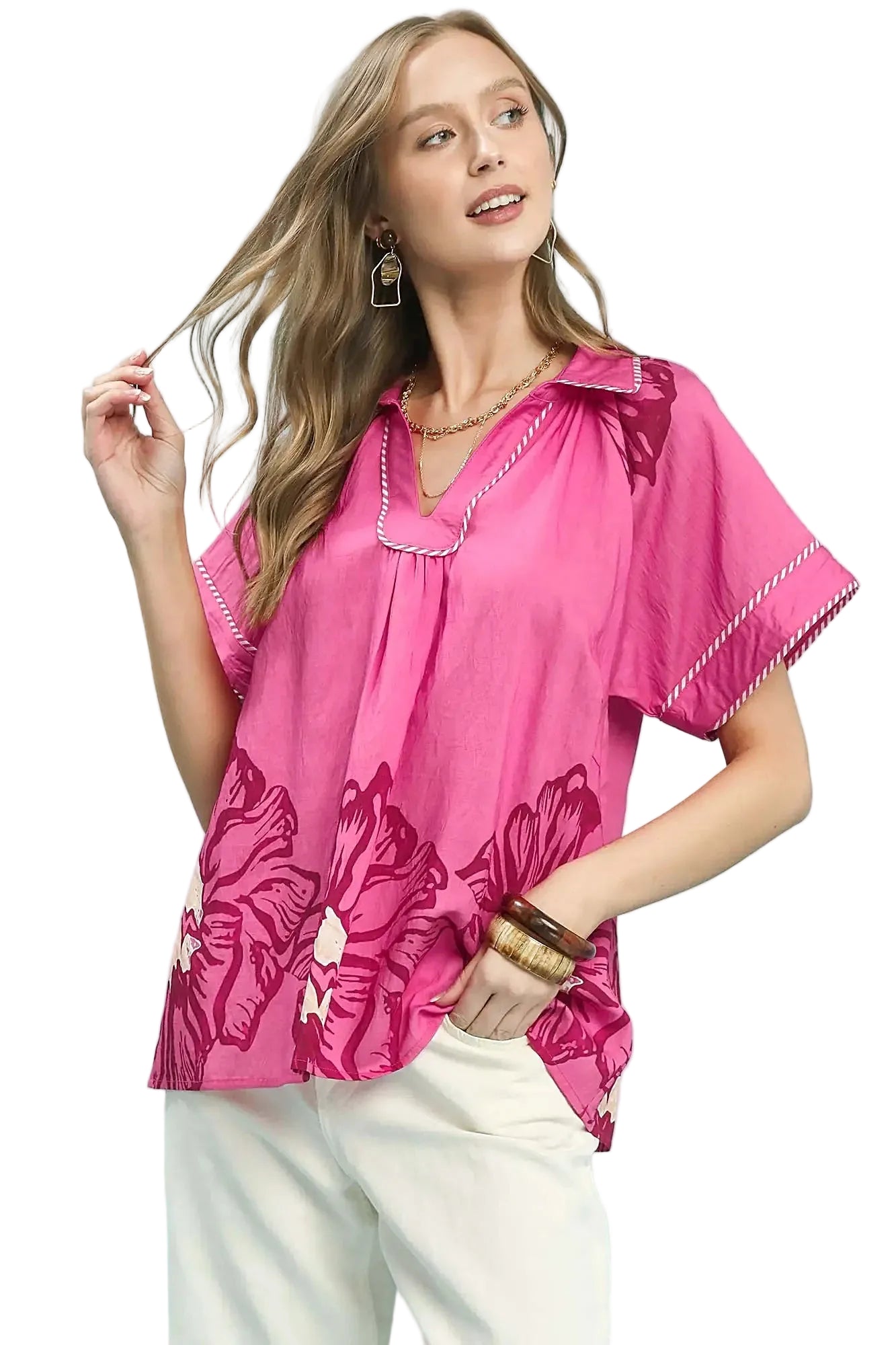 Umgee Floral Split-Neck Short Sleeve Top -