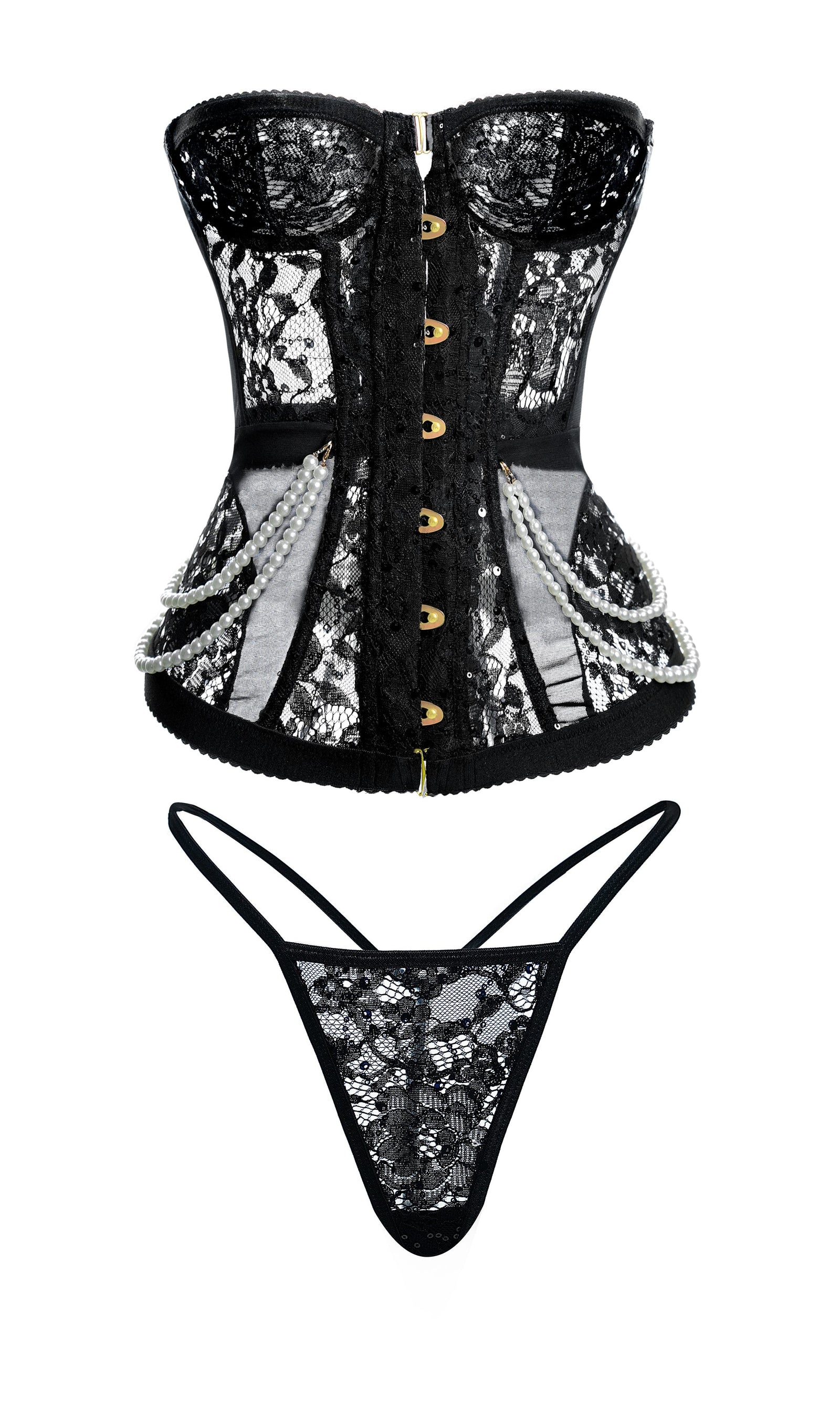 Artistic display of the Elegant Black Lace Corset Set emphasizing luxurious accents including gold buttons and delicate pearl drapes on the black lace corset.