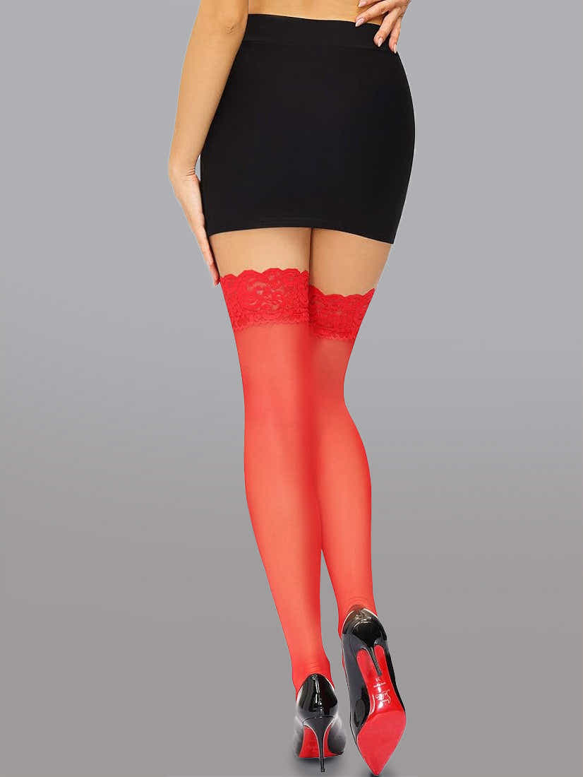 Stunning image of Elegant 15 Denier Thigh-High Lace Stockings highlighting the intricate lace details and floral pattern for a sophisticated look.