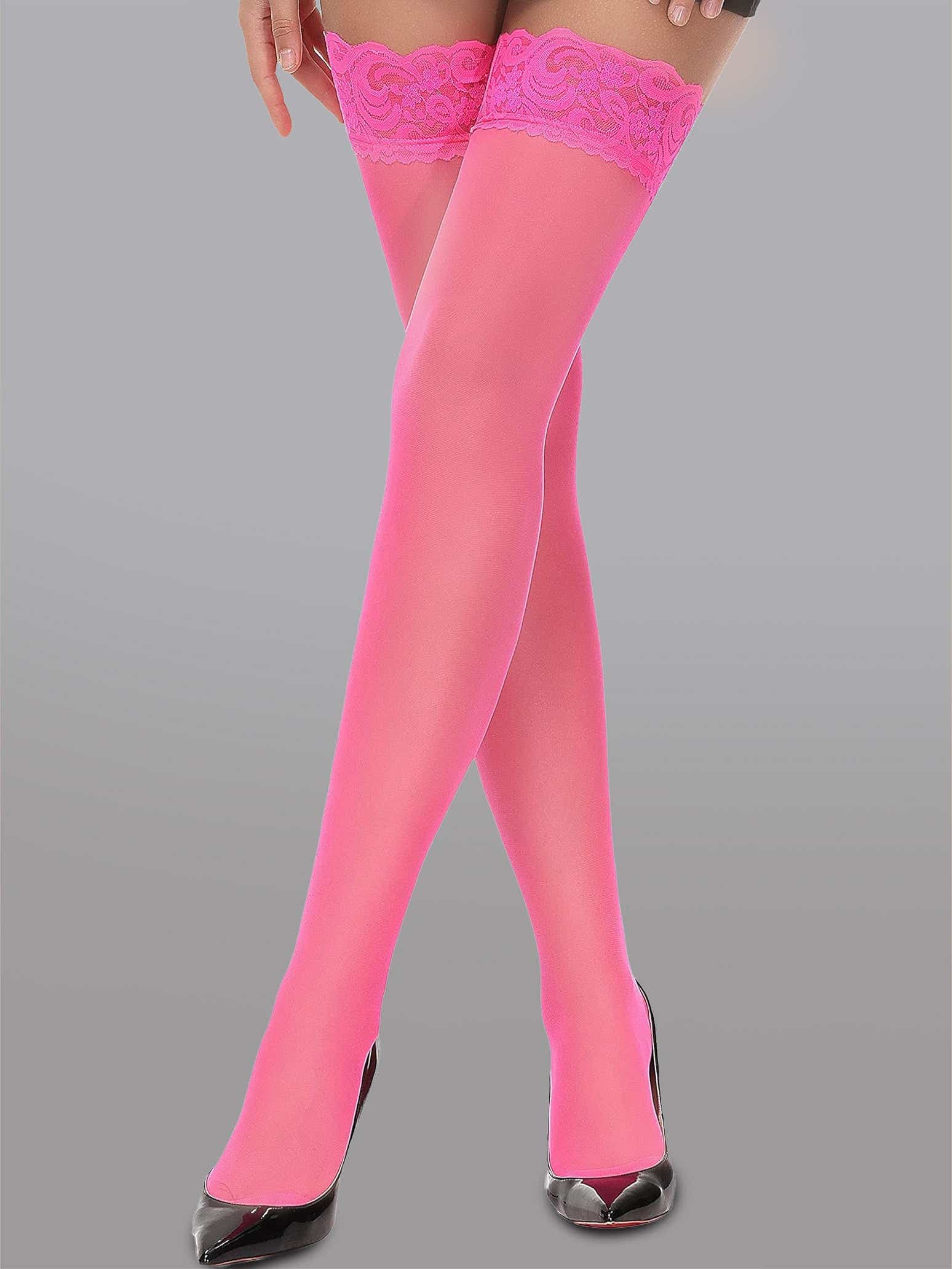 Elegant 15 Denier Thigh-High Lace Stockings designed to elevate any outfit with their chic floral lace design and comfort.