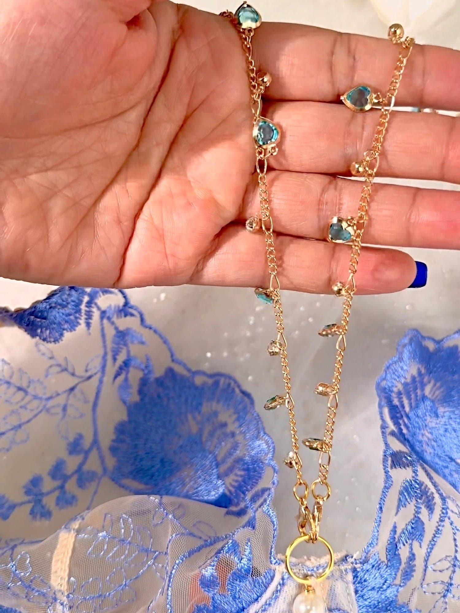 Azure Bloom Chain-Detail Embroidered Lingerie Set - 3 pcs set
