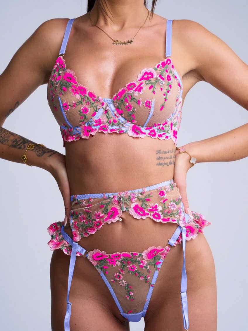 Gorgeous pink floral lingerie set accented with whimsical embroidery, perfect for anniversaries and Valentine's Day.