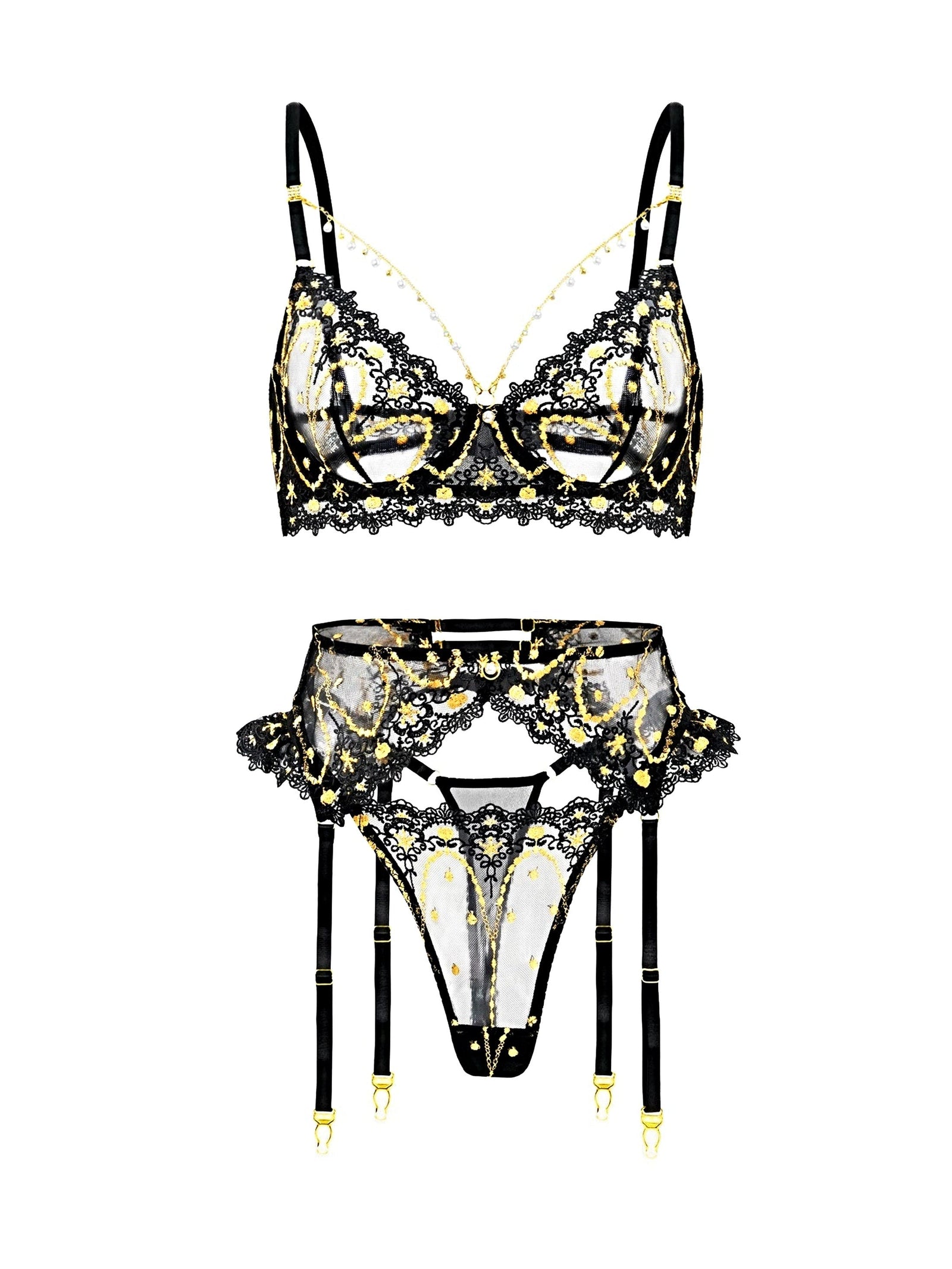 Opulent Lace Pearl-Embellished Lingerie Set - 3 pcs set