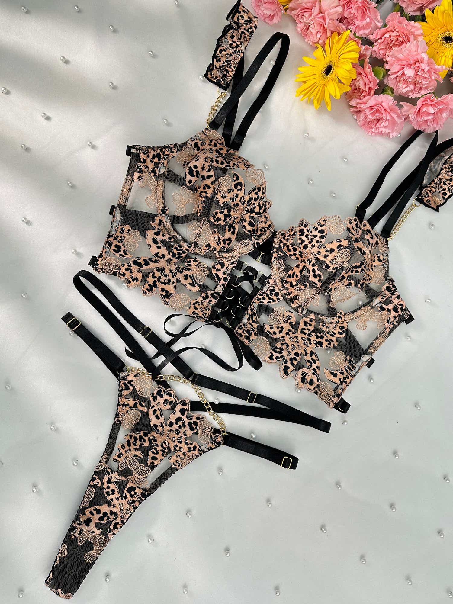 Fashion-forward presentation of the Seductive Leopard Lace Lingerie Set highlighting its unique lace pattern.