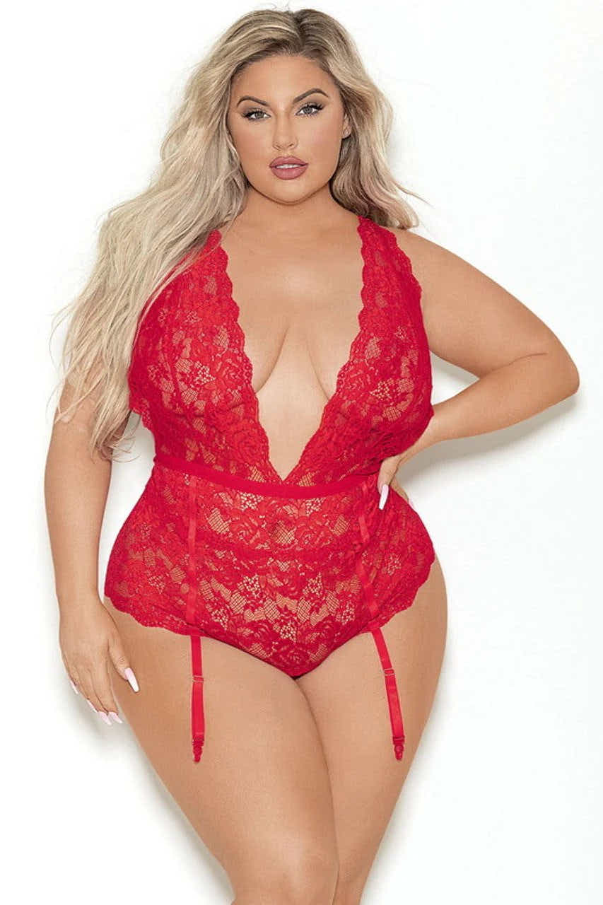Escante EL-35468X Open Butt Lace Teddiette with Garters & Hose in Red, Plus Size Escante