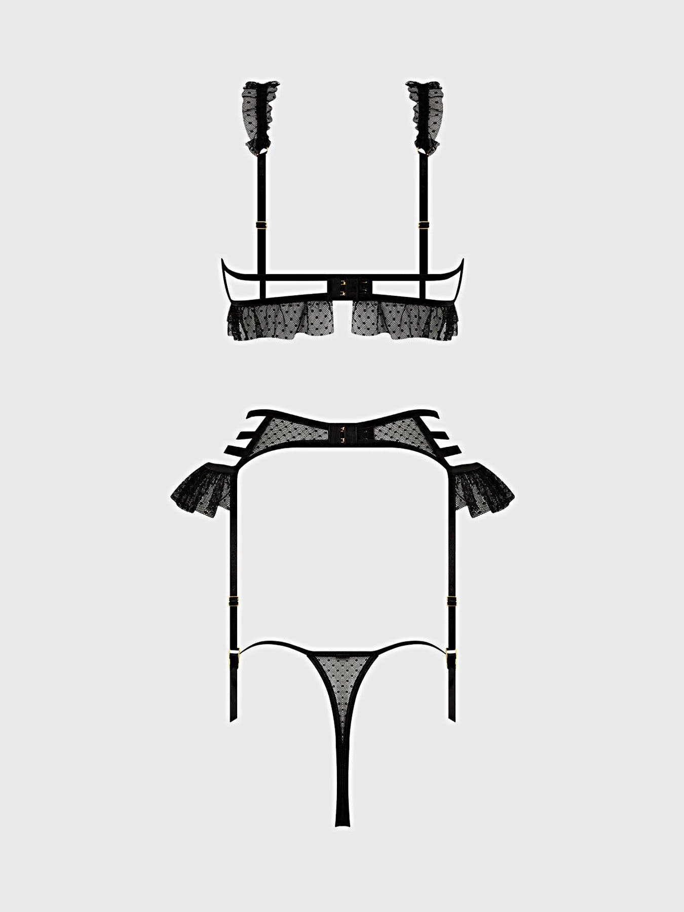 PORTIA SWISS DOT CUTOUT BRA, GARTER & THONG SET -