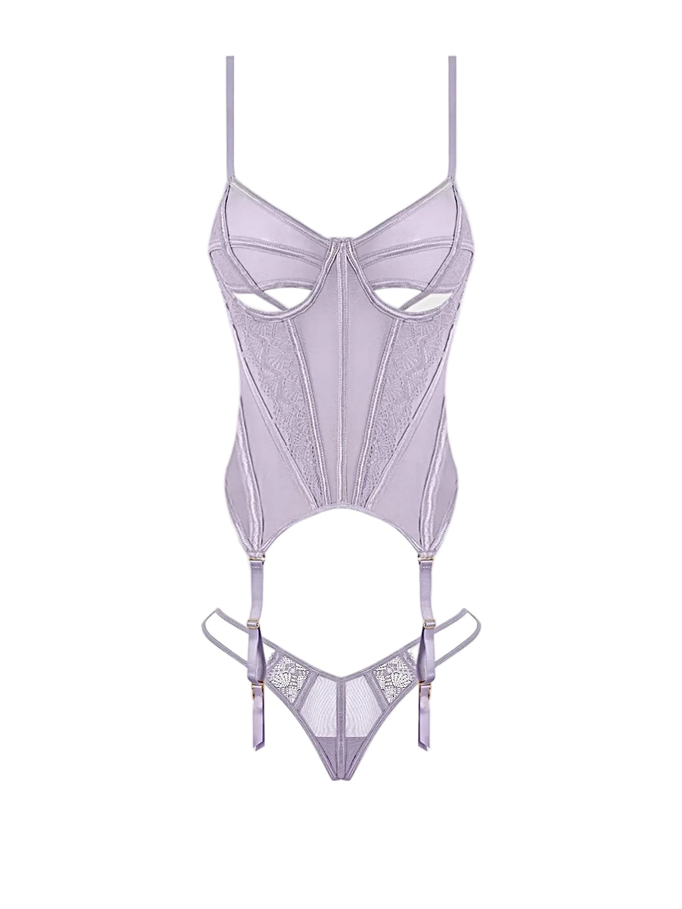 Vivienne Lace Bustier Set With Stretch Lace Mesh, Peekaboo Cups, G-String & Garter Straps -