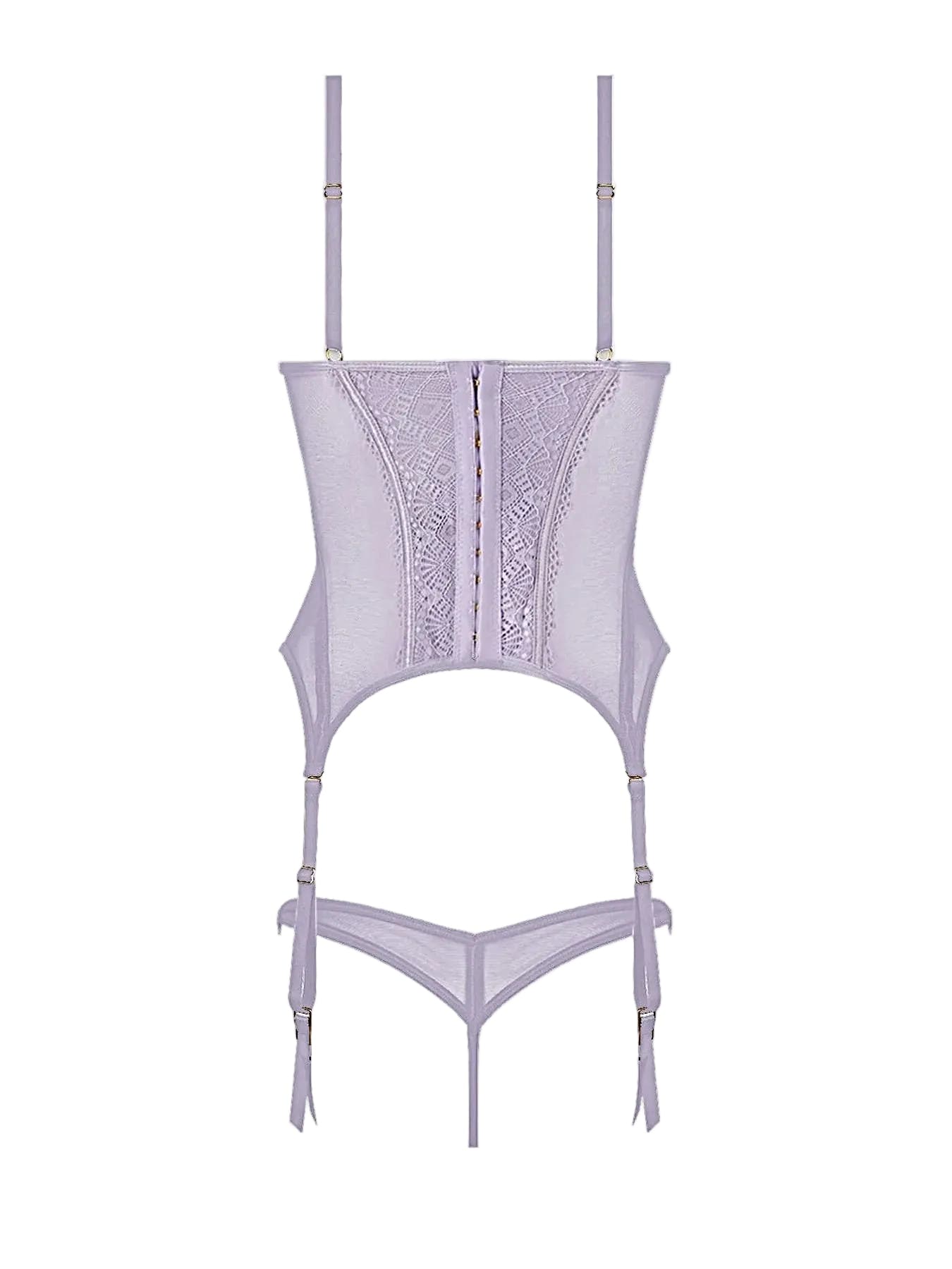 Vivienne Lace Bustier Set With Stretch Lace Mesh, Peekaboo Cups, G-String & Garter Straps -