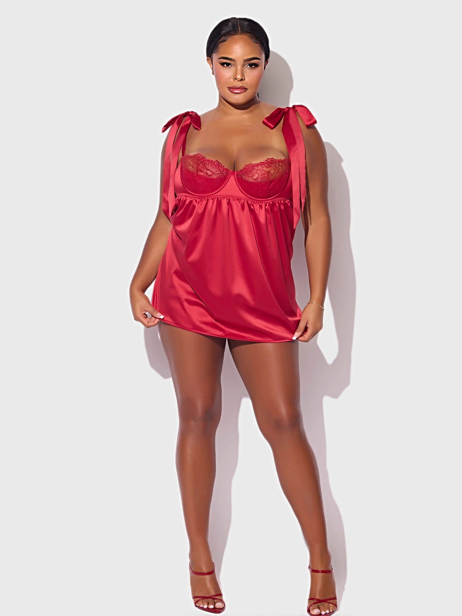 ROSALIE SATIN & EMBROIDERED LACE BABYDOLL & G-STRING SET -