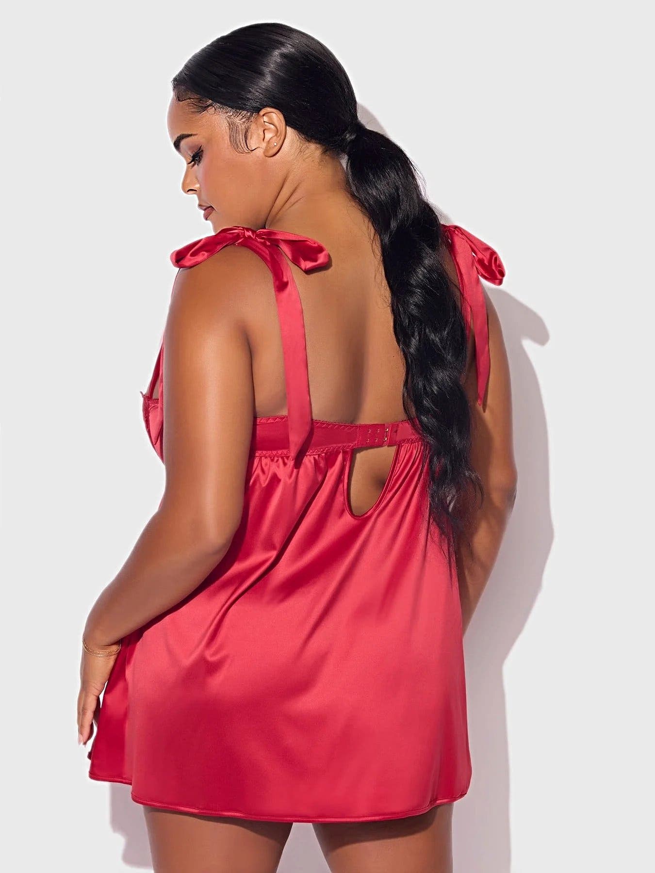 ROSALIE SATIN & EMBROIDERED LACE BABYDOLL & G-STRING SET -