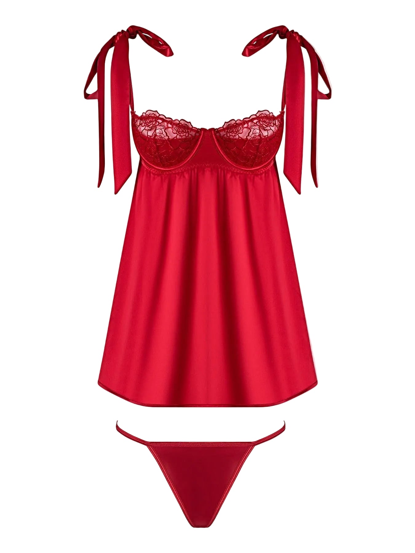 ROSALIE SATIN & EMBROIDERED LACE BABYDOLL & G-STRING SET -