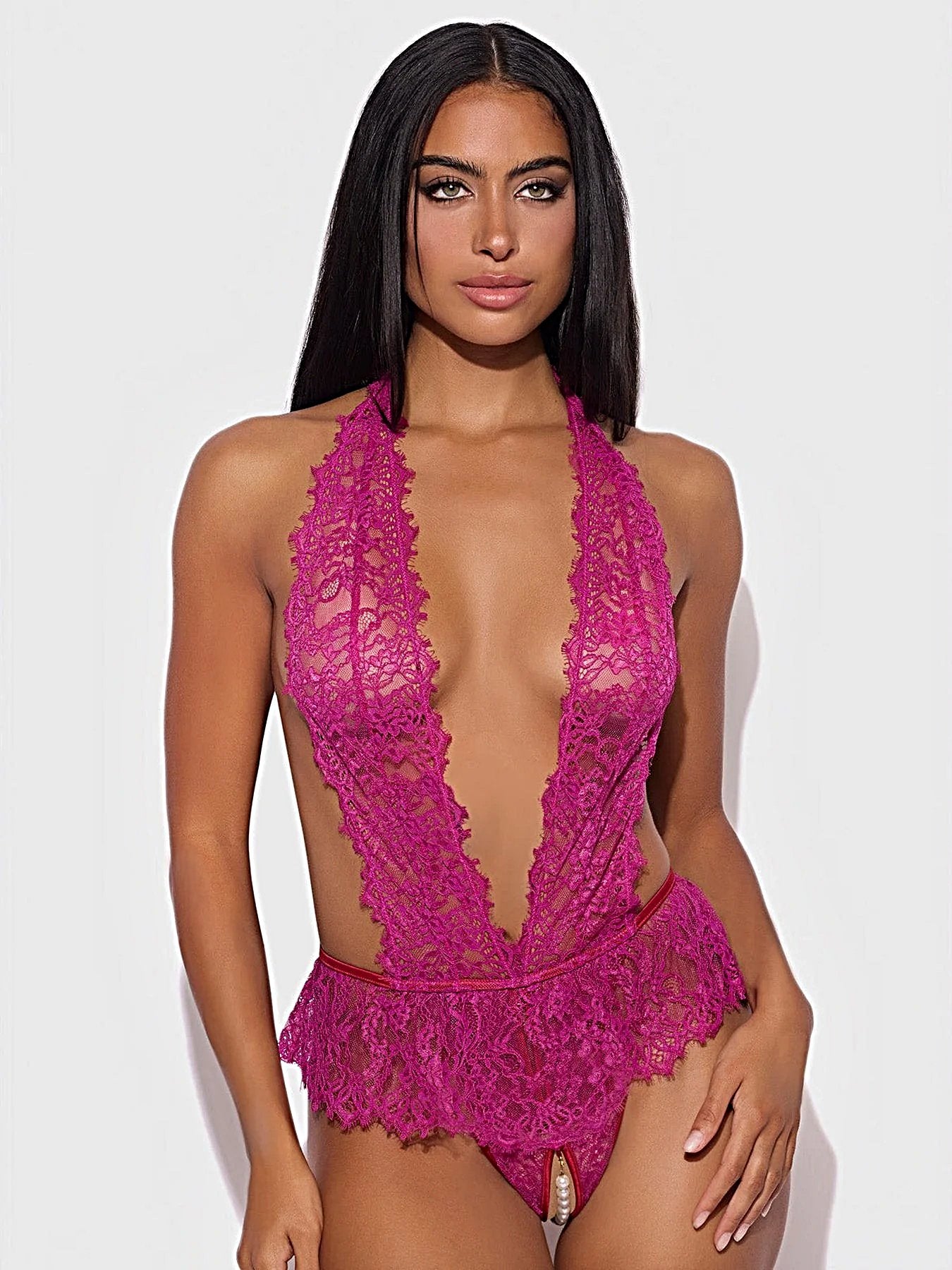 JOCELYN LACE & PEARL CROTCHLESS TEDDY -