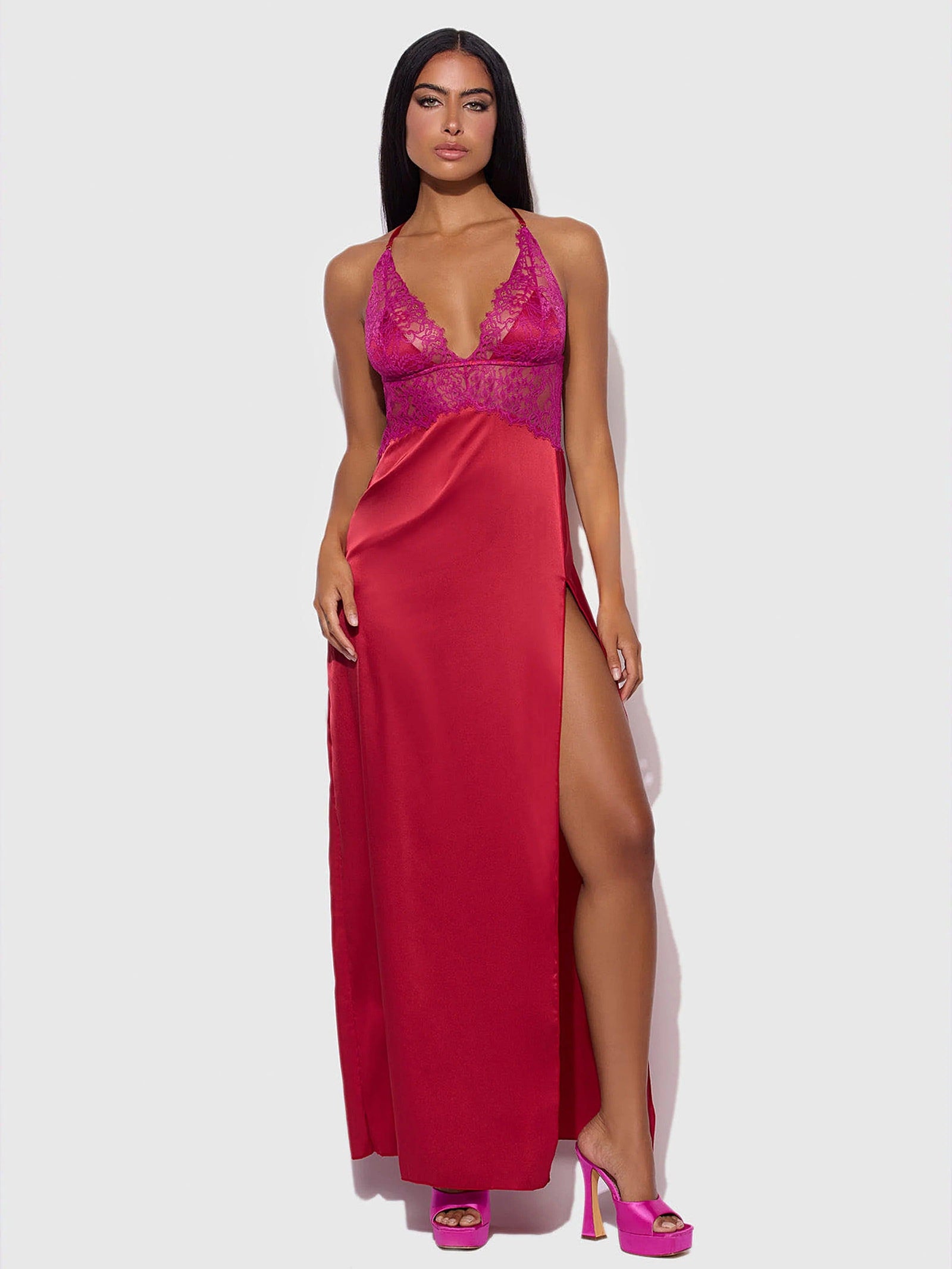JOCELYN SATIN & LACE LONG HIGH SLIT GOWN -